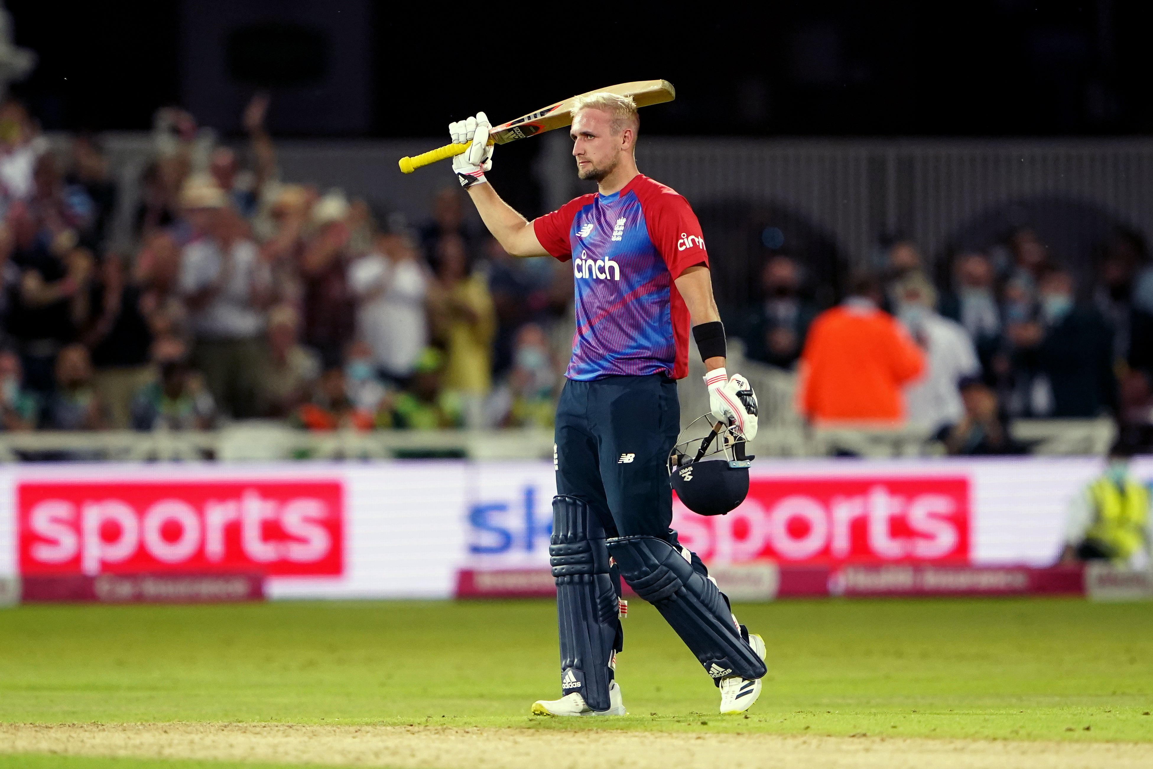 Liam Livingstone celebrates his century