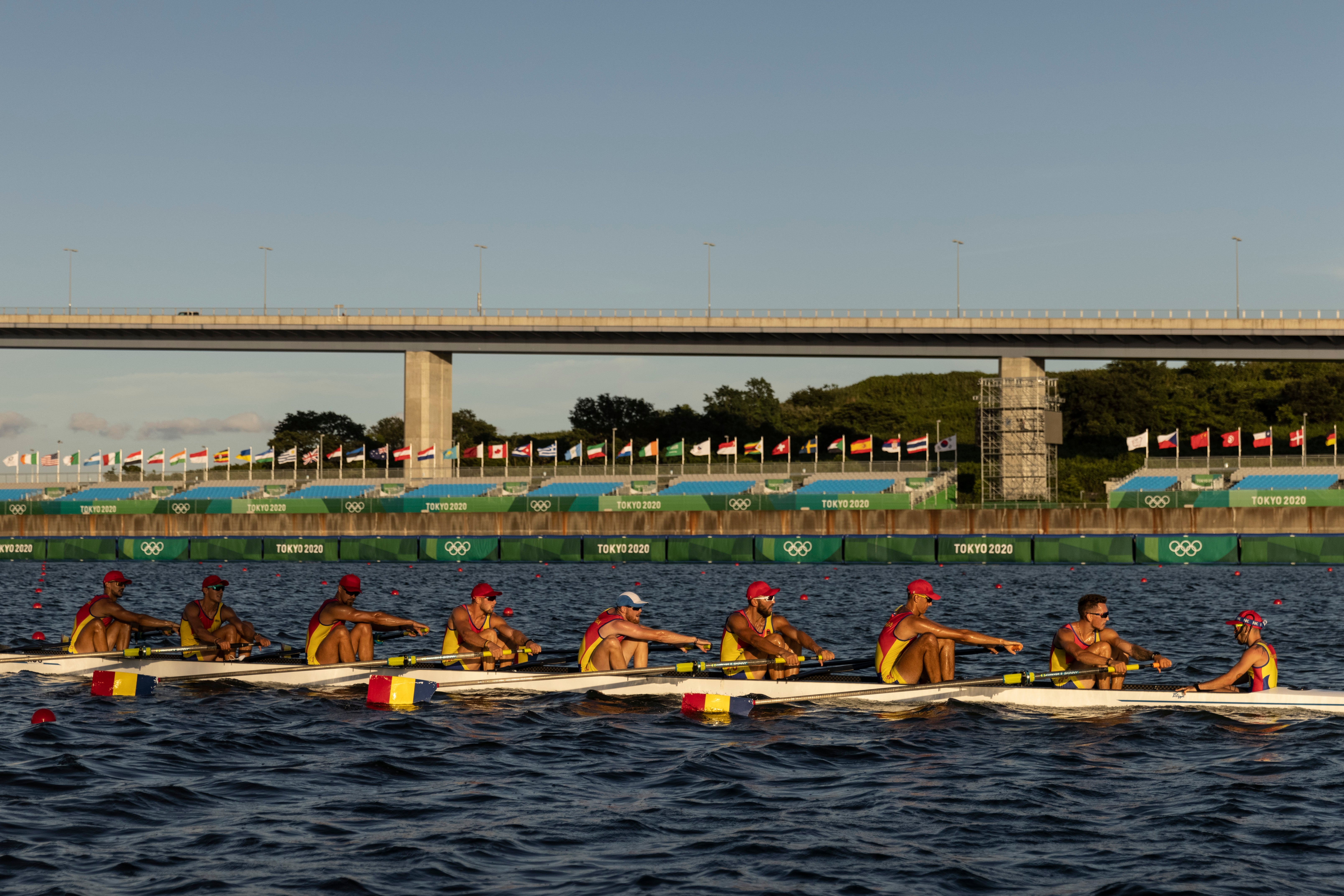 Atheletes of Romania Men’s Rowing eight (W8+) in action during a training session at Sea Forest Waterway on 18 July