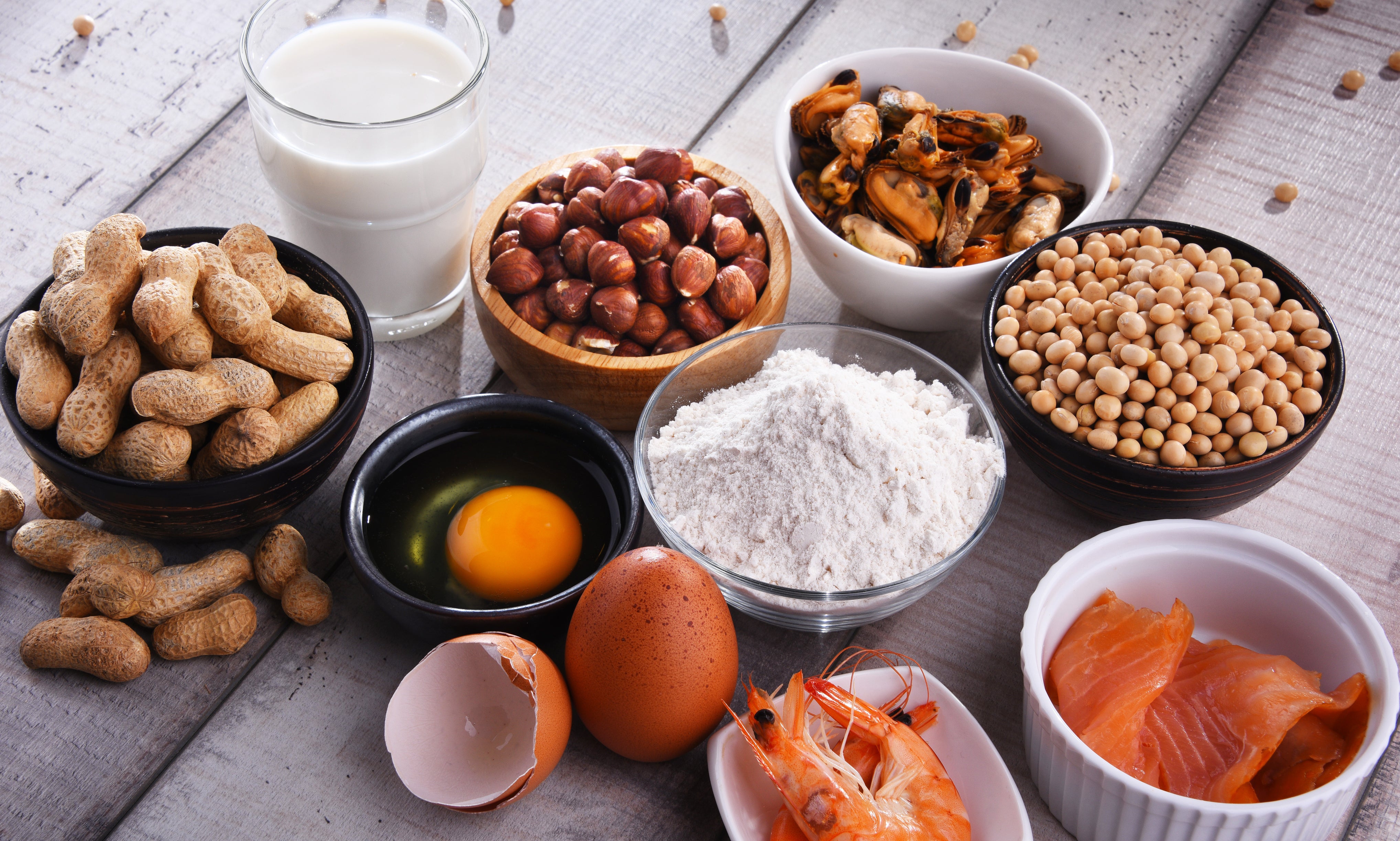 Common food allergens include eggs, milk, soya, peanuts, hazelnuts, fish, seafood and wheat