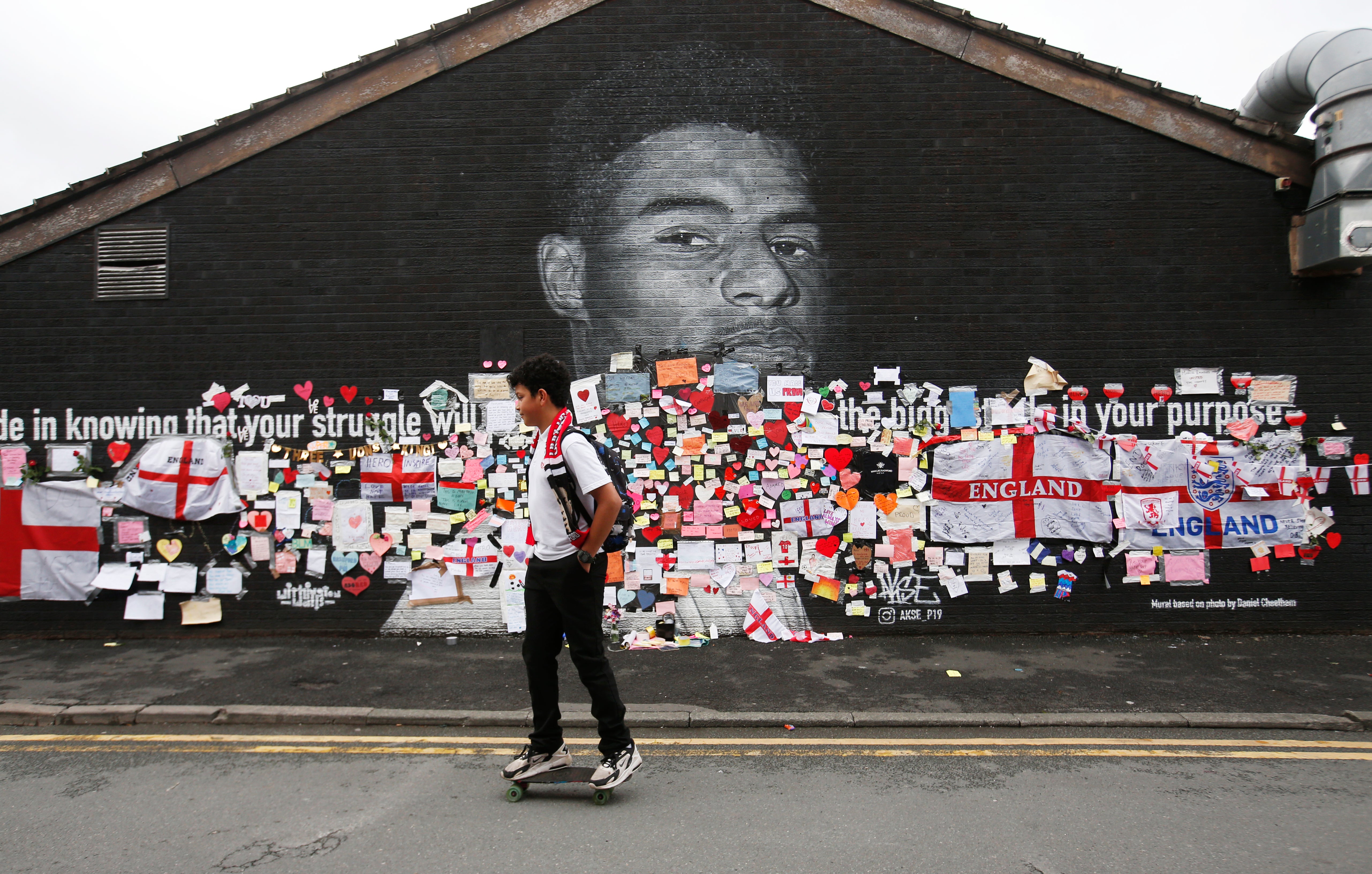 Marcus Rashford mural covered with messages of support after it was defaced following the Euro 2020 Final between Italy and England