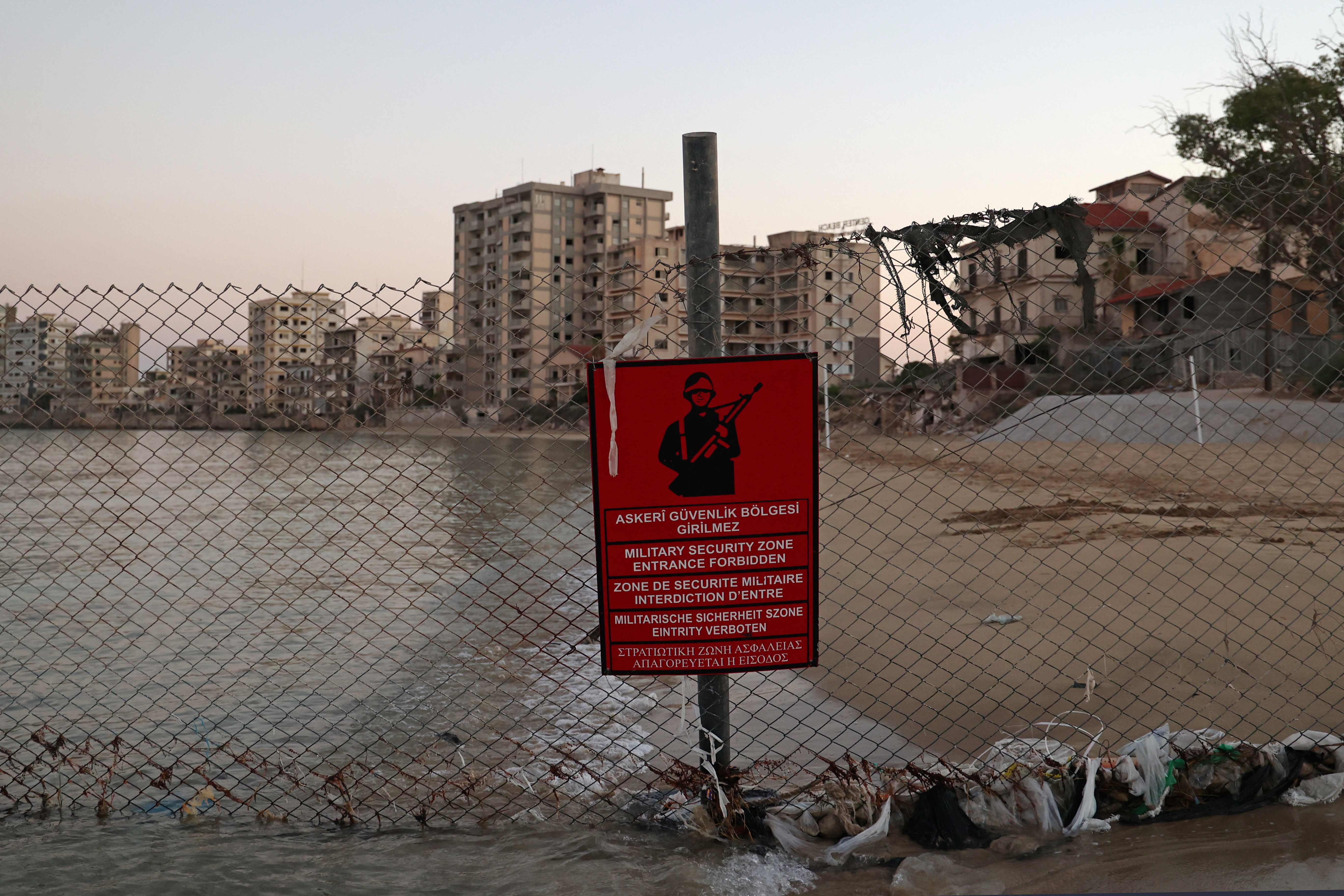 A Turkish army sign is pictured in the fenced-off area of Varosha on the divided Mediterranean island of Cyprus