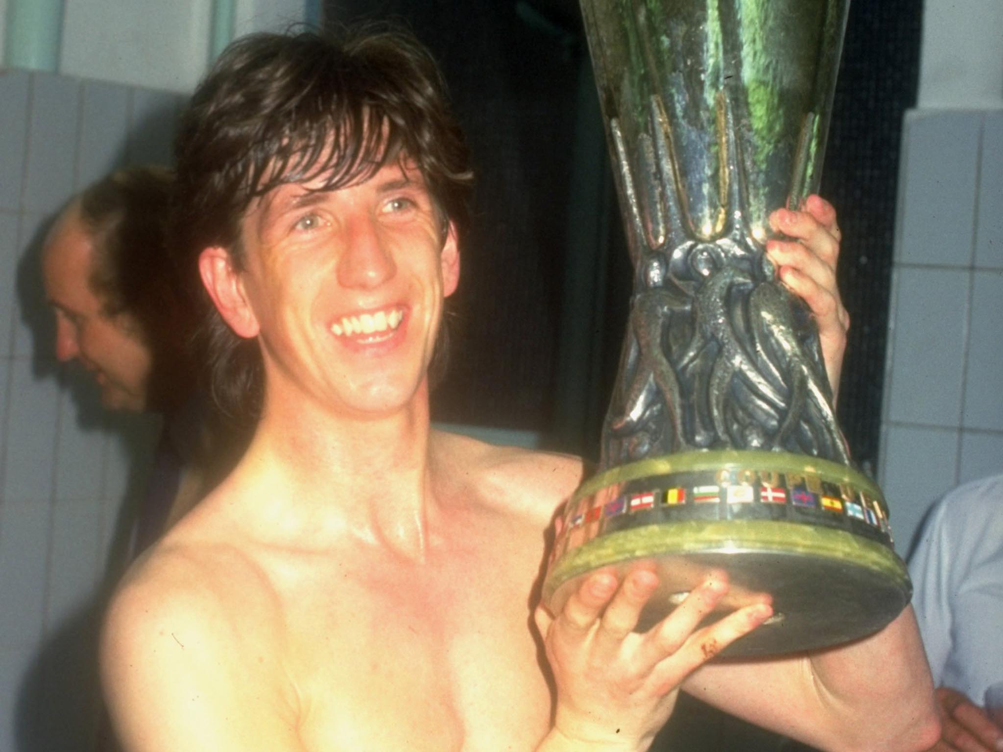 Mariner holds the Uefa Cup in Amsterdam’s Olympic Stadium in May 1981. Ipswich lost 4-2 on the night, but beat AZ 67 (Alkmaar) 5-4 on aggregate