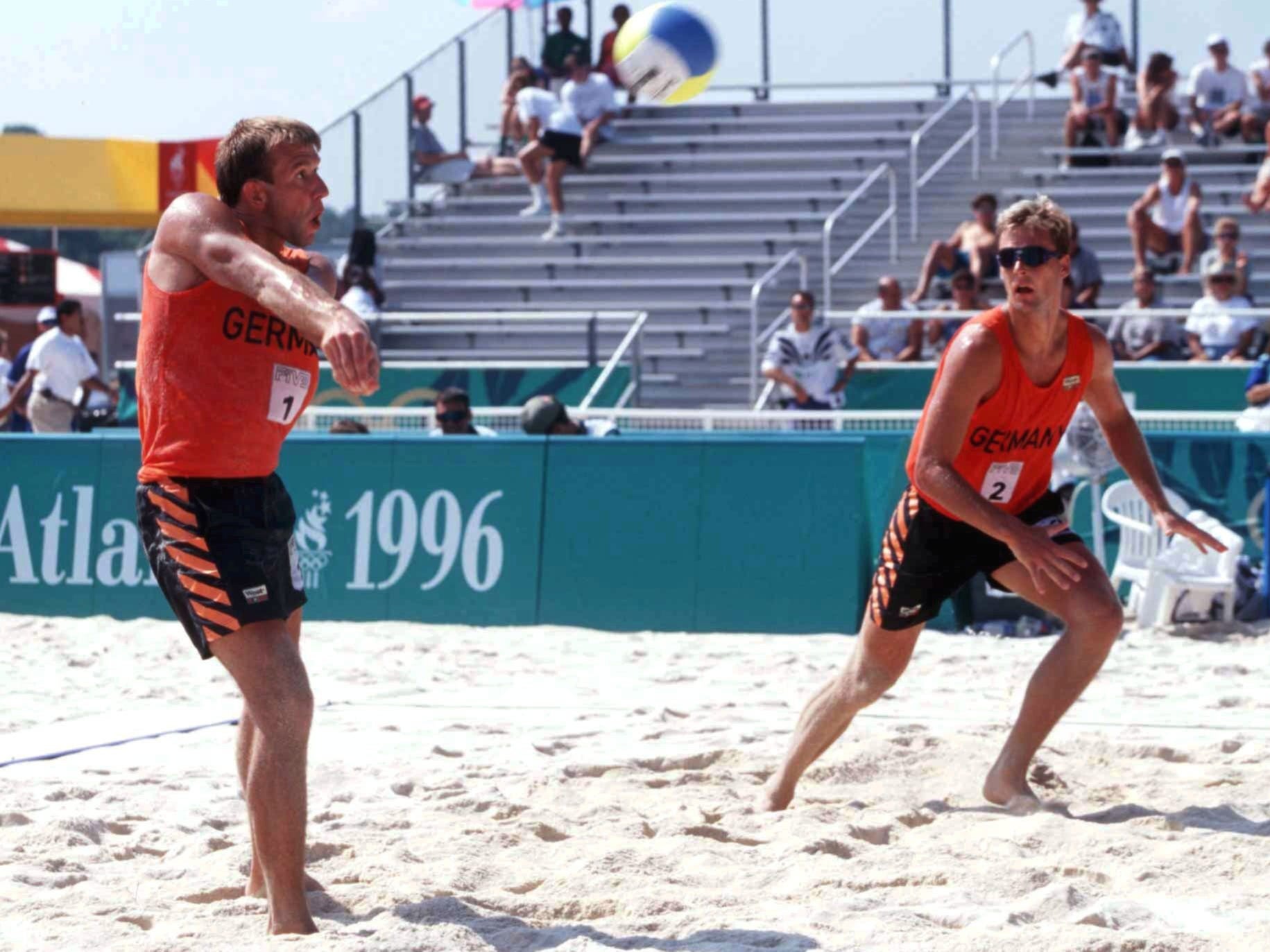 Men playing beach volleyball at the 1996 Olympics