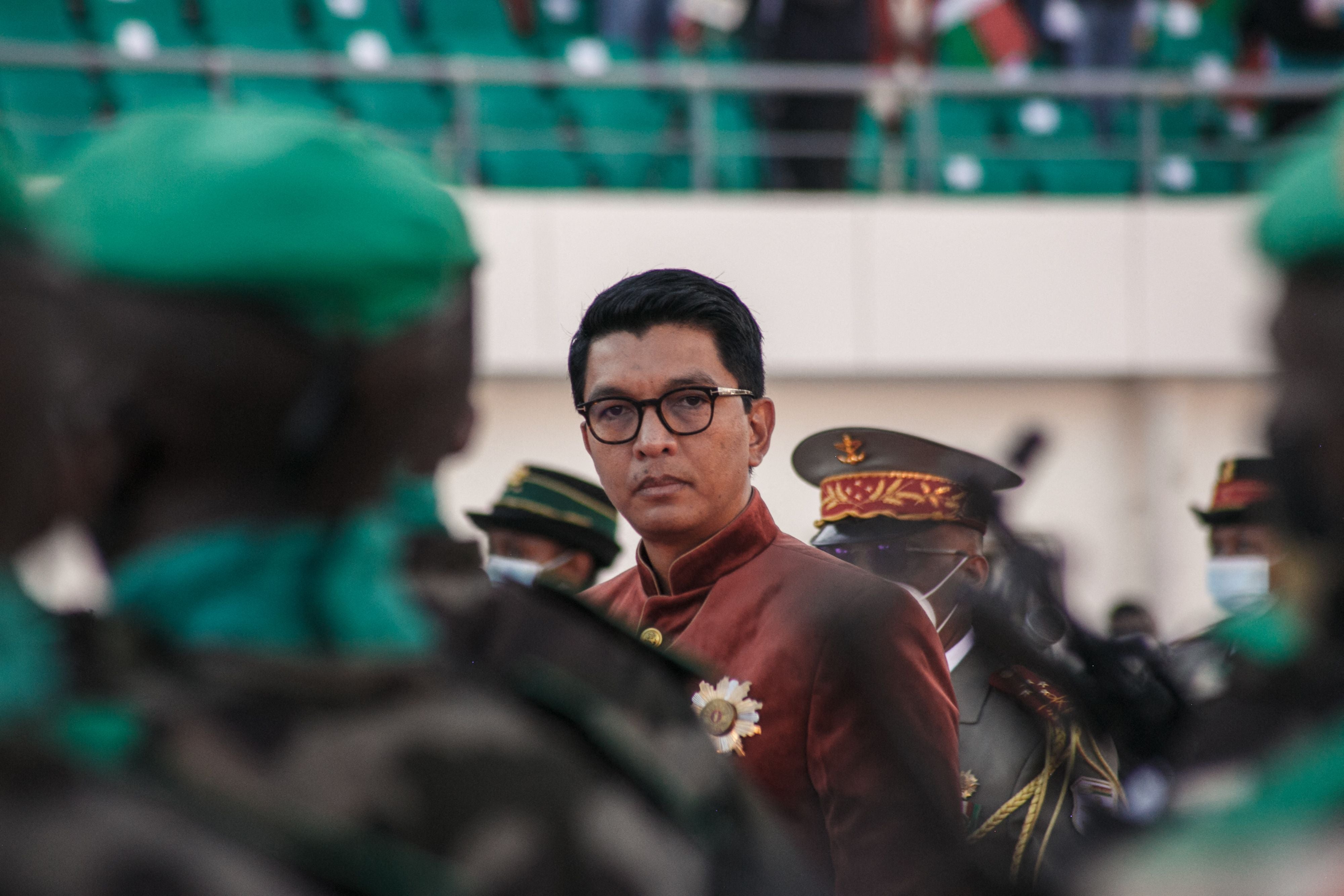 Madagascar's President Andry Rajoelina inspects troops