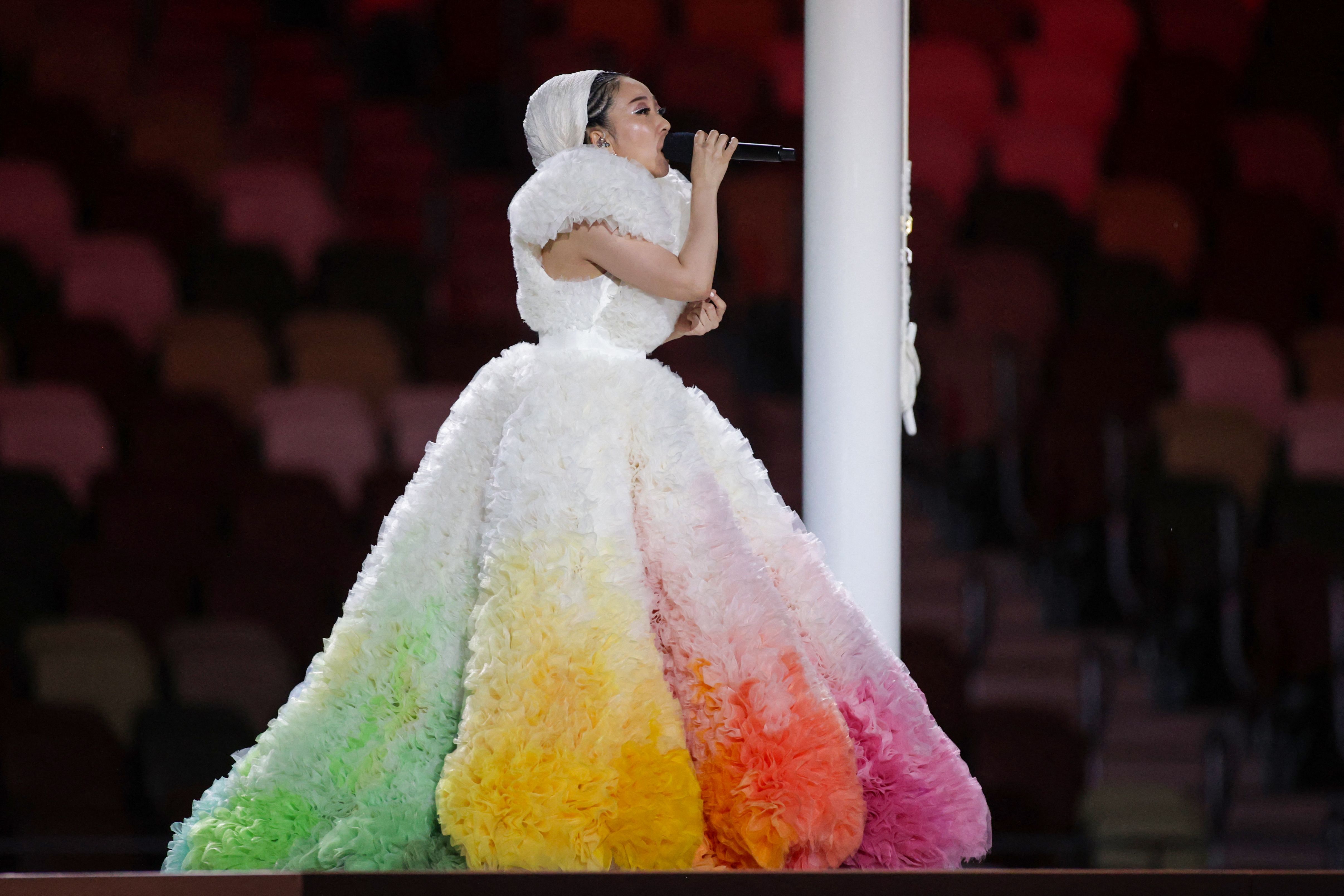 Japanese singer Misia sings Japan's national anthem "Kimi Ga Yo" during the opening ceremony of the Tokyo 2020 Olympic Games, at the Olympic Stadium in Tokyo