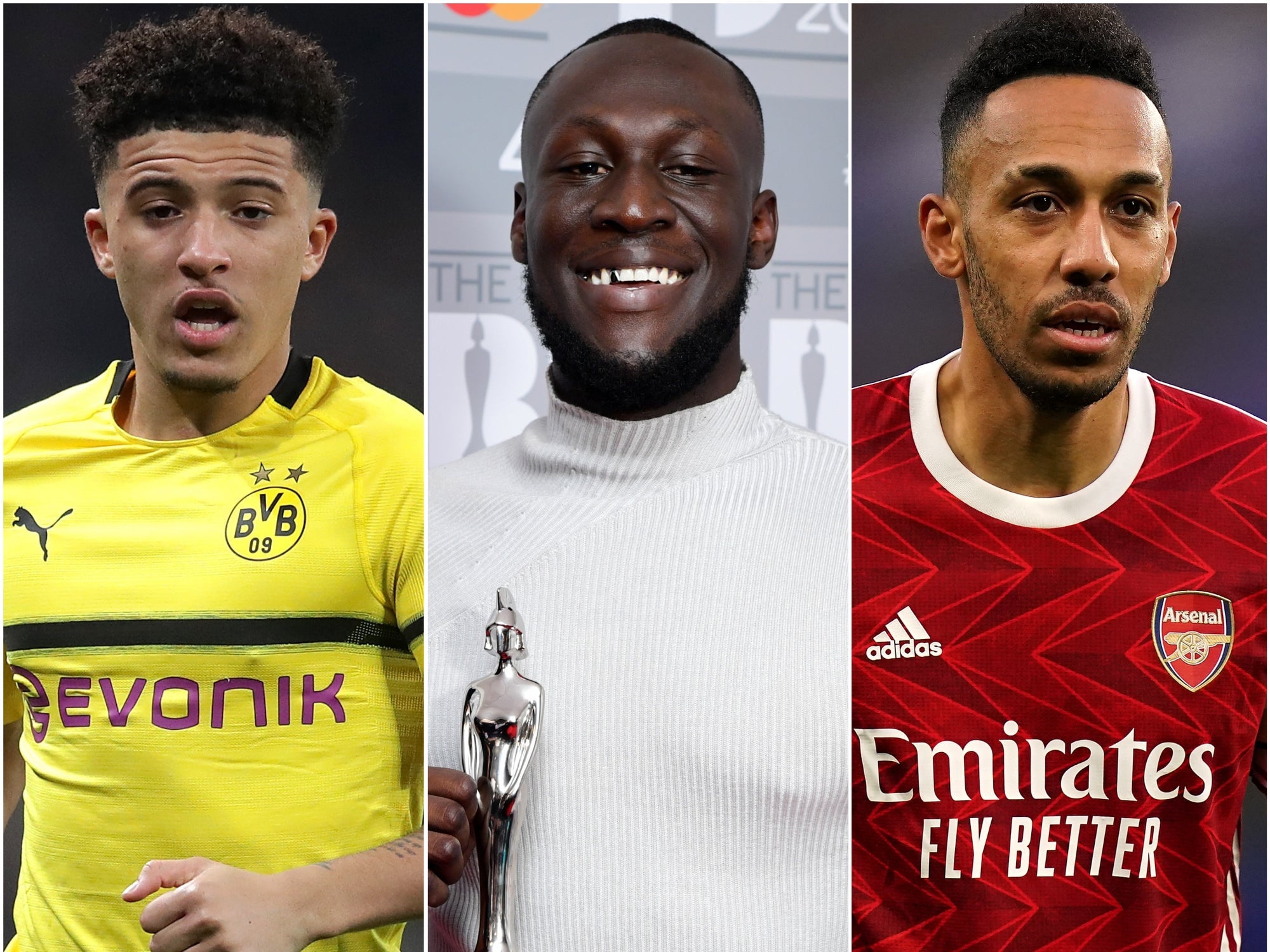 Jadon Sancho, Stormzy and Pierre-Emerick Aubameyang (Adam Davy/Ian West/PA)