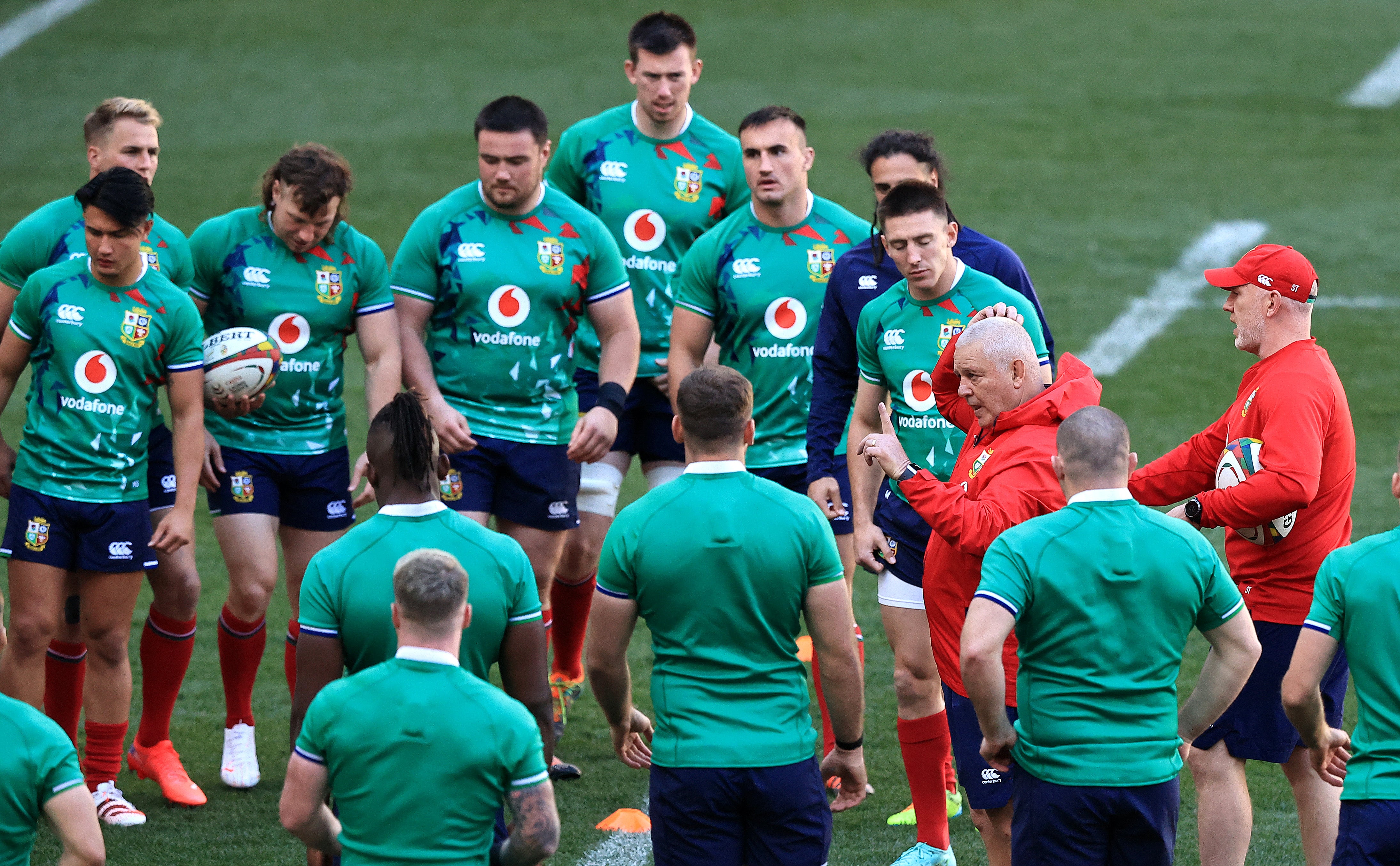 Warren Gatland, the Lions head coach talks to his team during the British & Irish Lions captain's run at Cape Town Stadium