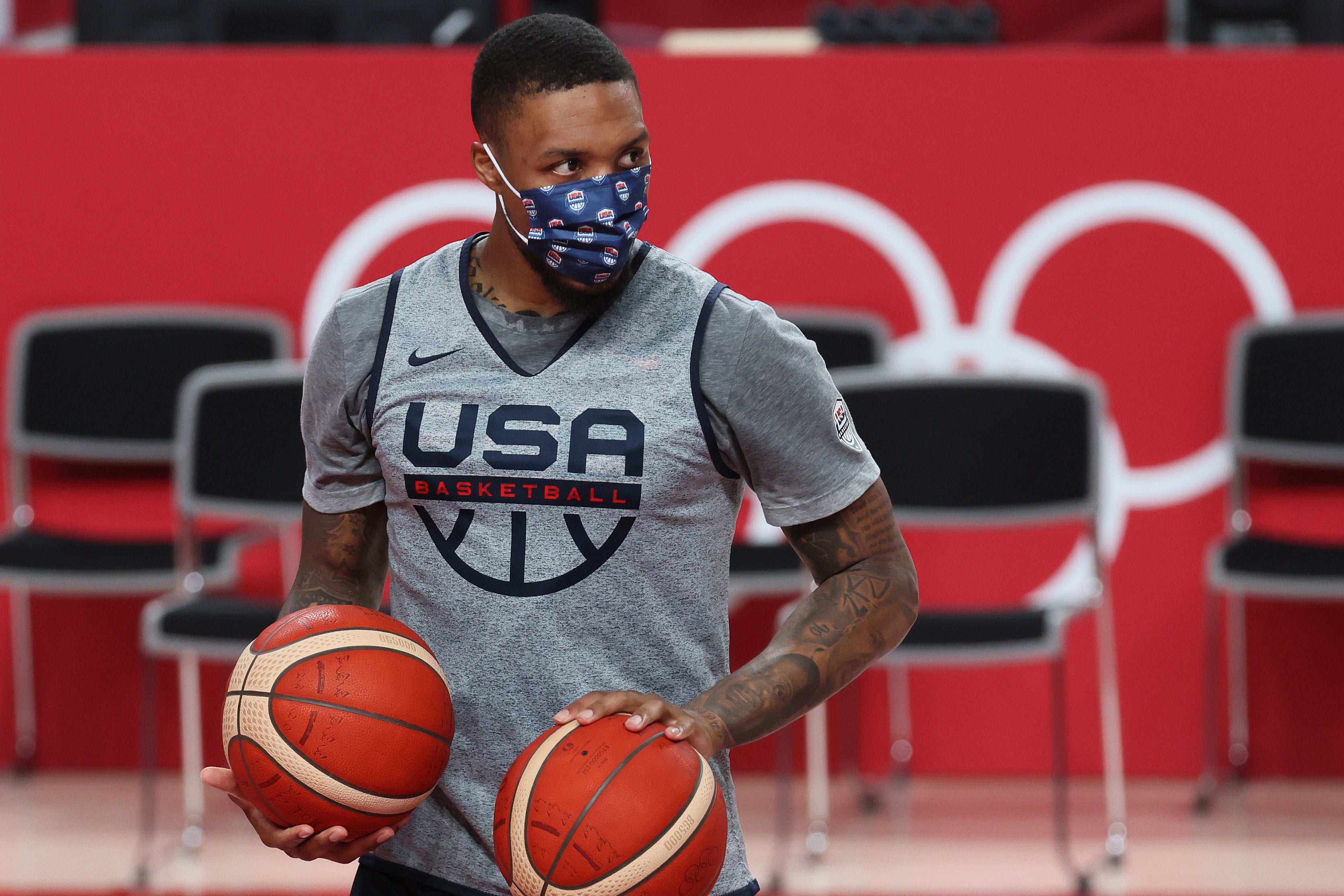 Damian Lillard practices at the Saitama Super Arena