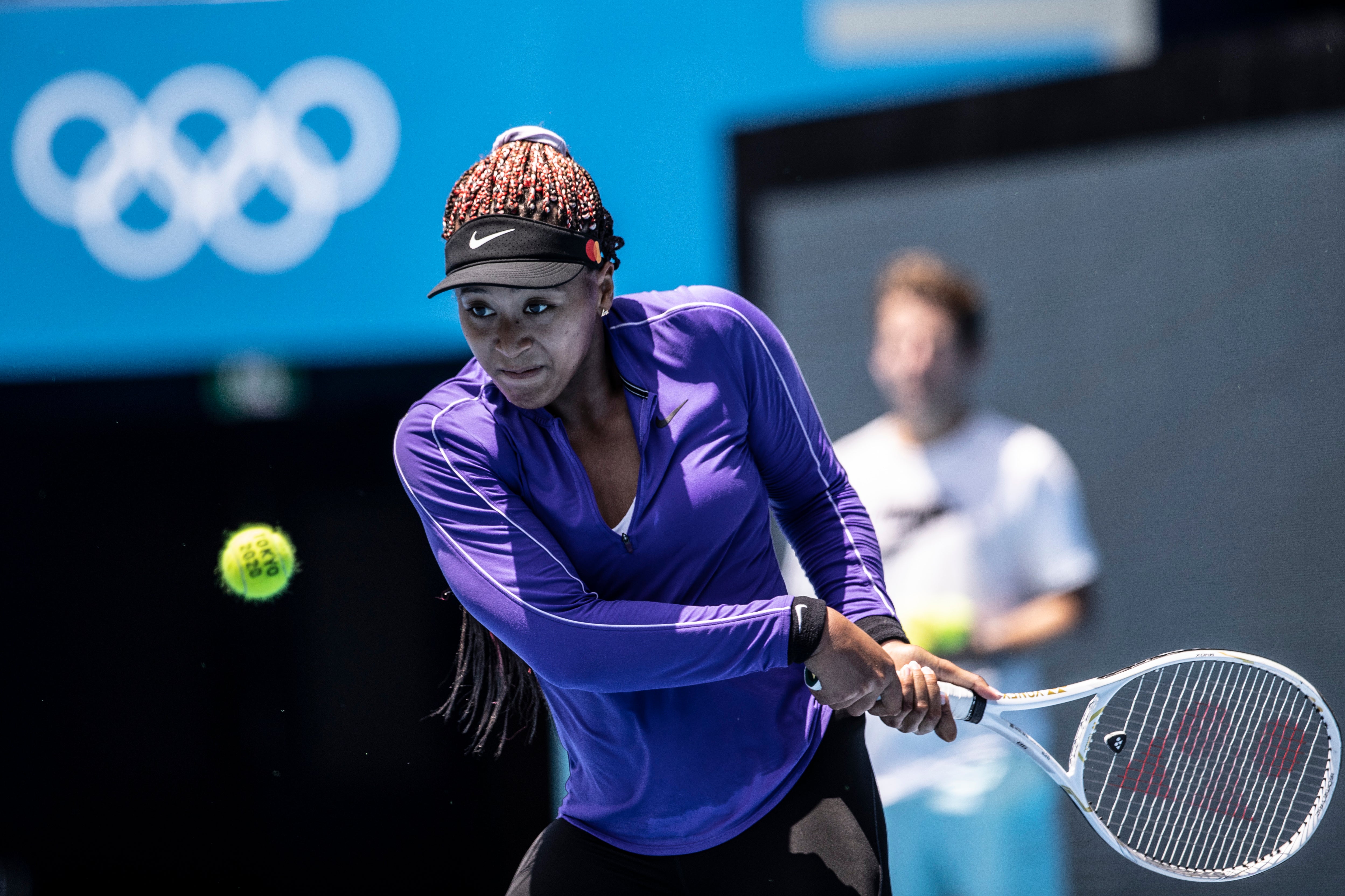 Naomi Osaka of Team Japan trains in Center Court Ariake Tennis Park ahead of the Tokyo 2020 Olympic Games on 20 July 2021 in Tokyo, Japan