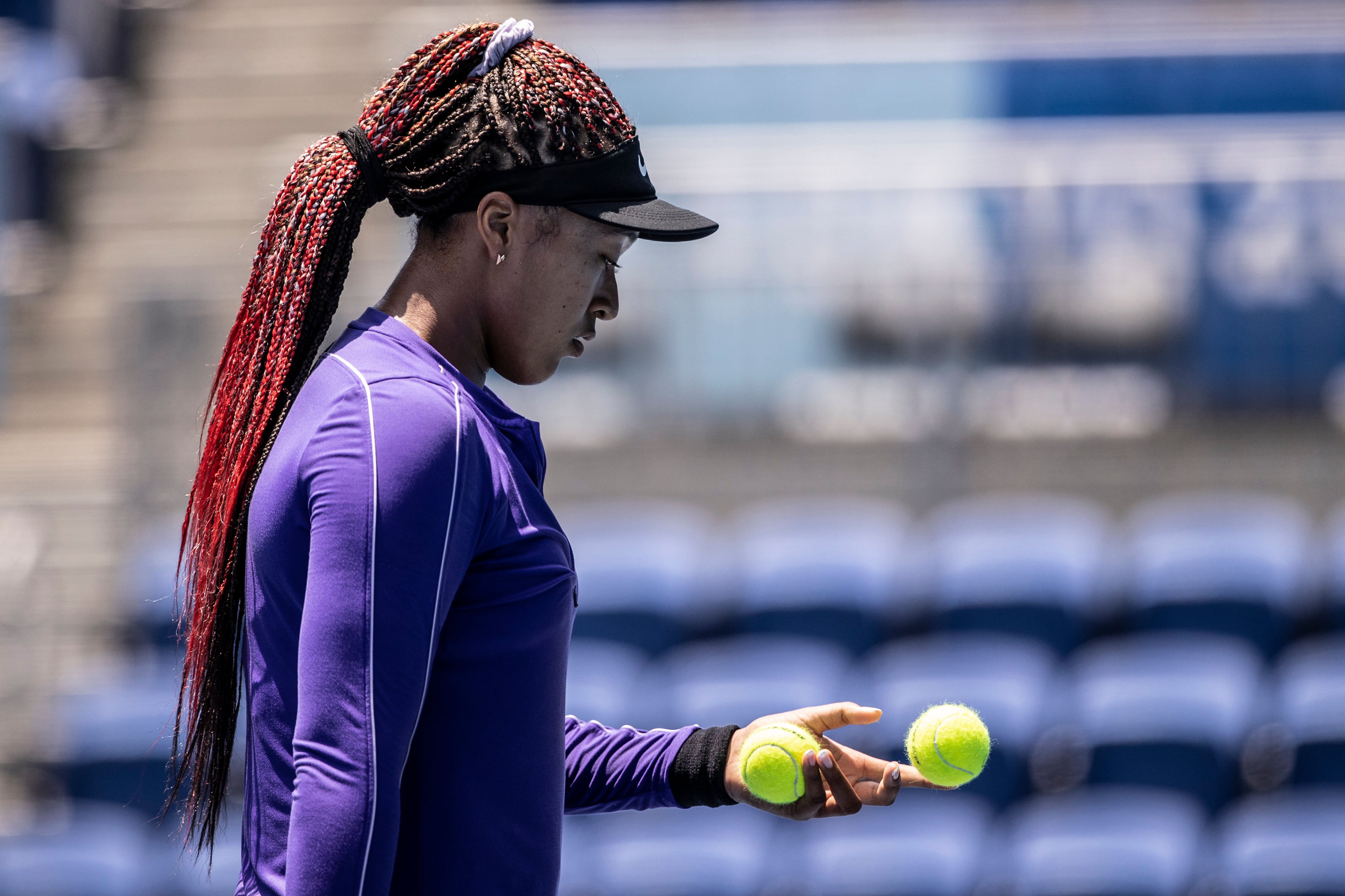 Naomi Osaka of Team Japan trains in Center Court Ariake Tennis Park ahead of the Tokyo 2020 Olympic Games on 20 July 2021 in Tokyo, Japan