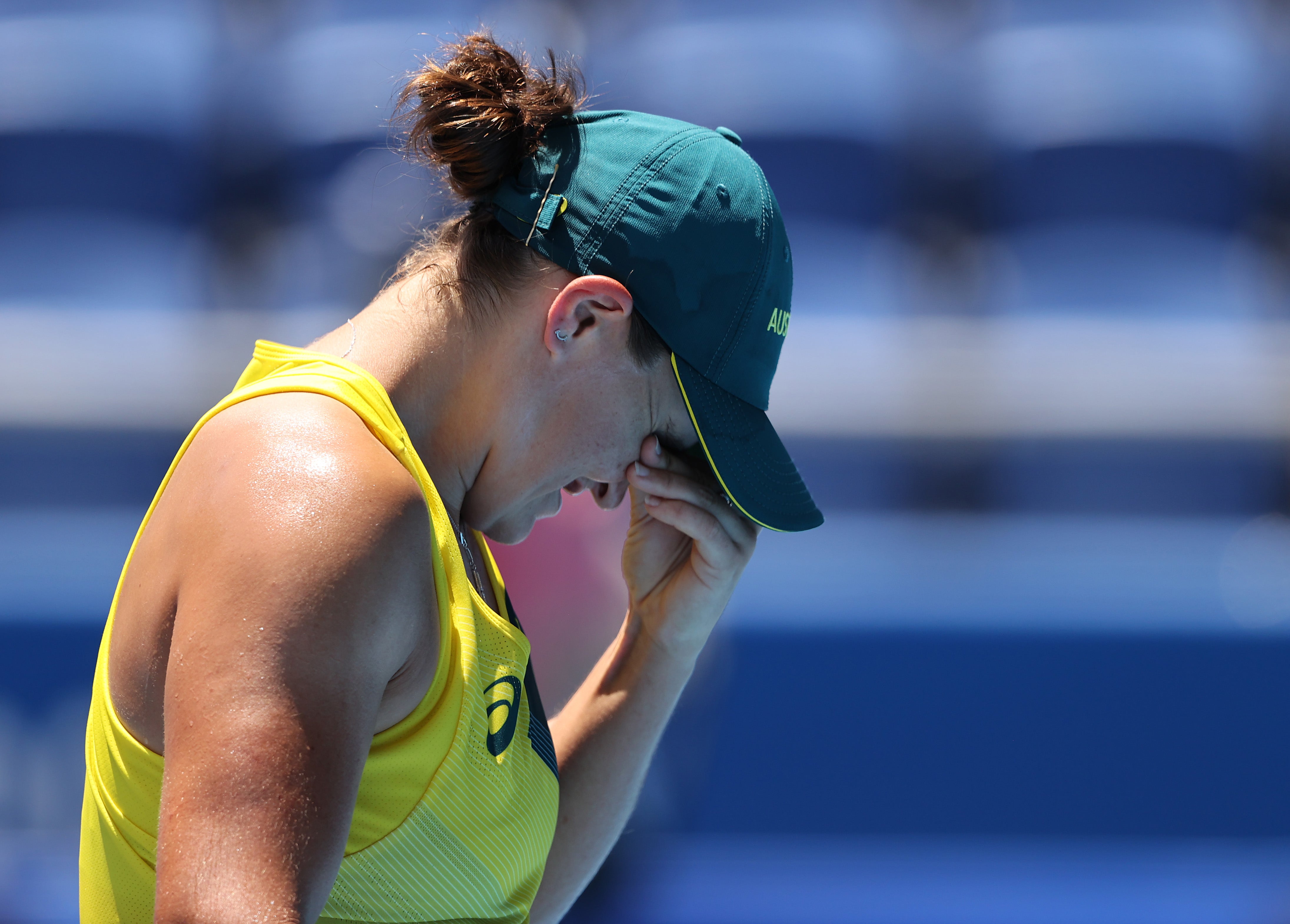 Ashleigh Barty of Team Australia shows her frustration during her Women's Singles First Round match against Sara Sorribes Tormo of Team Spain on day two of the Tokyo 2020 Olympic Games at Ariake Tennis Park on 25 July 2021 in Tokyo, Japan