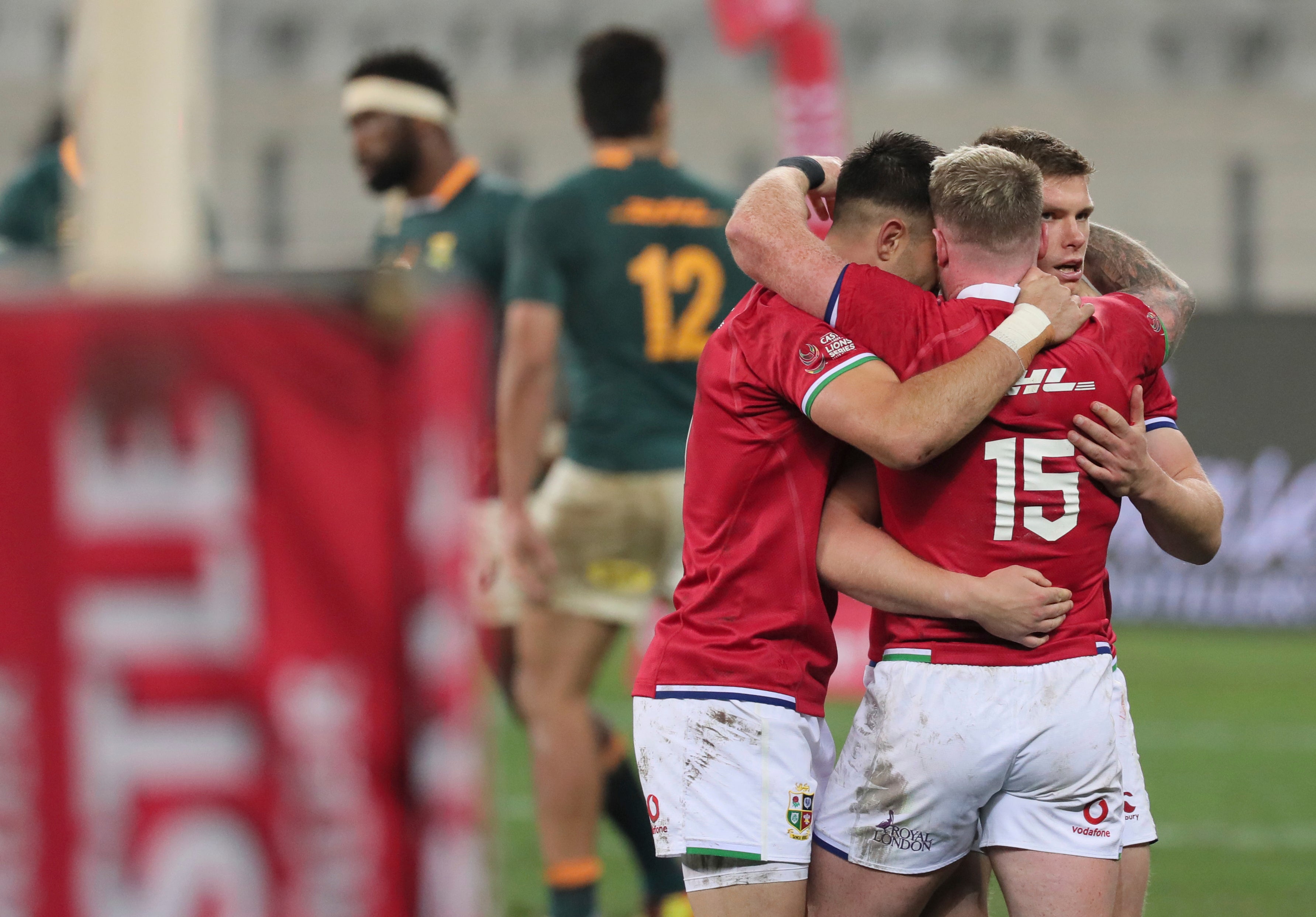 British and Irish Lions’ Conor Murray (left), Stuart Hogg (15) and Owen Farrell celebrate after a 22-17 victory over South Africa in the first Test (Halden Krog/PA)