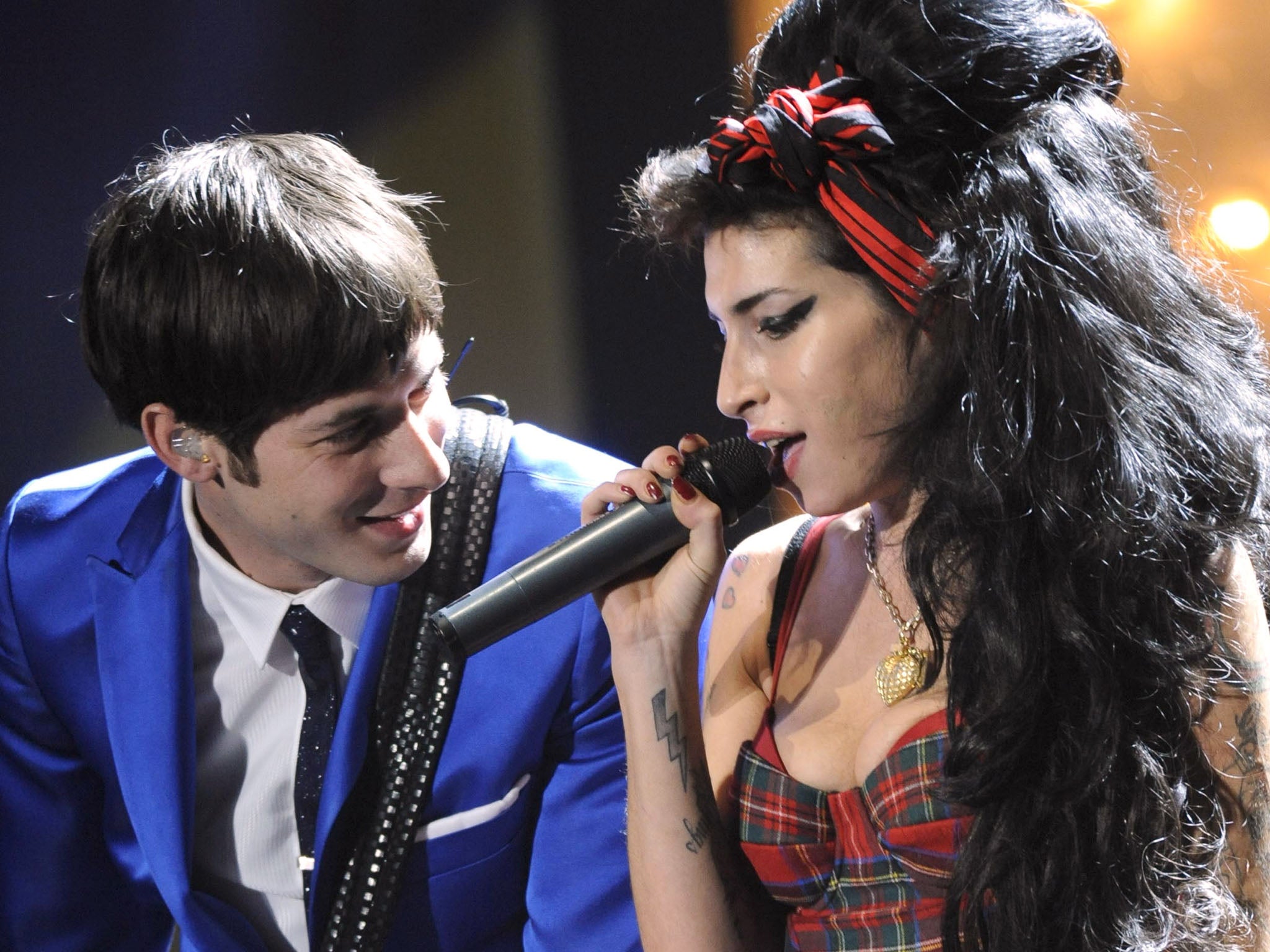 Mark Ronson and Amy Winehouse perform at the Brit Awards in 2008