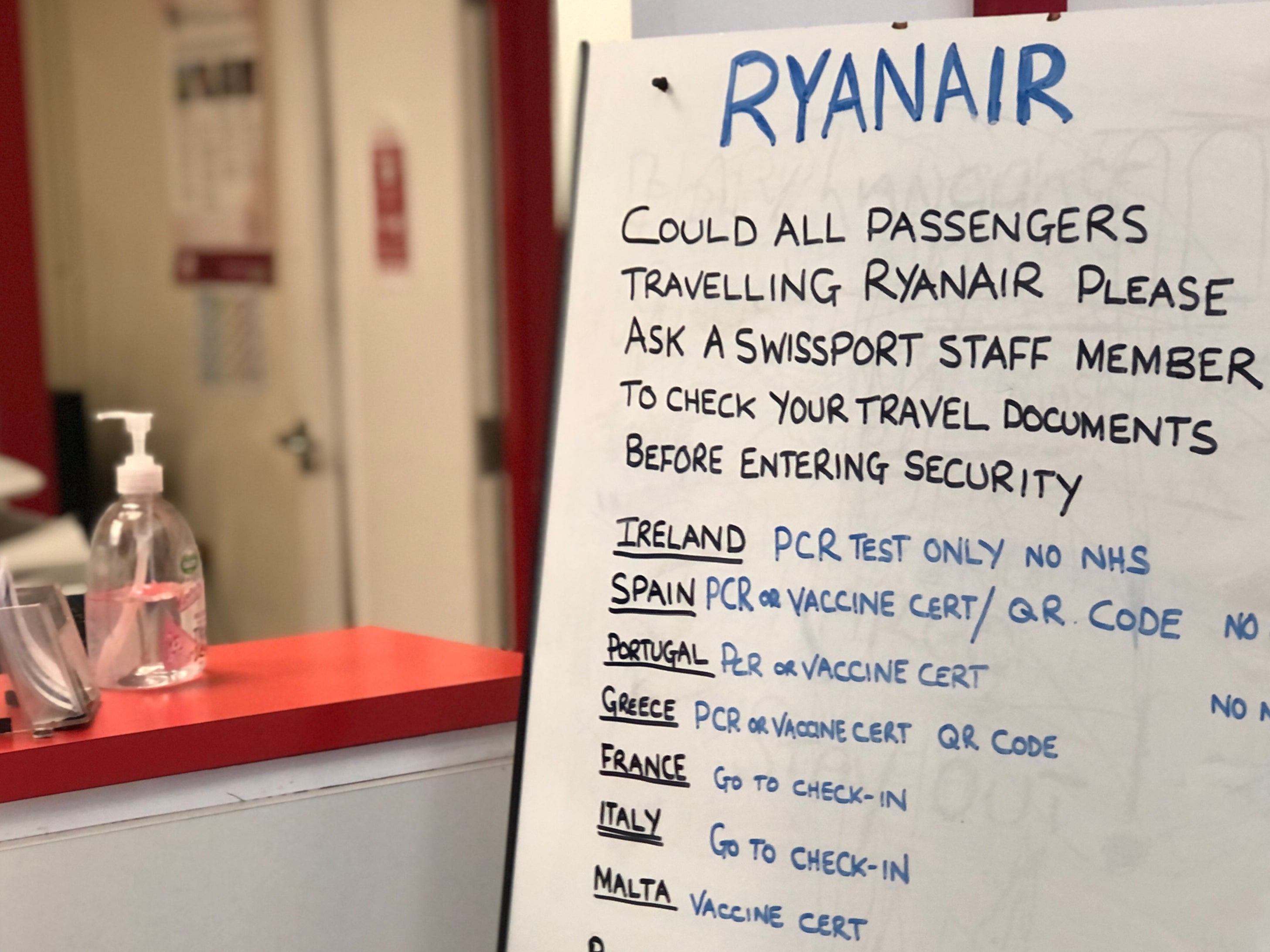 Turbulent times: Ryanair sign in the departures area of Liverpool John Lennon AIrport