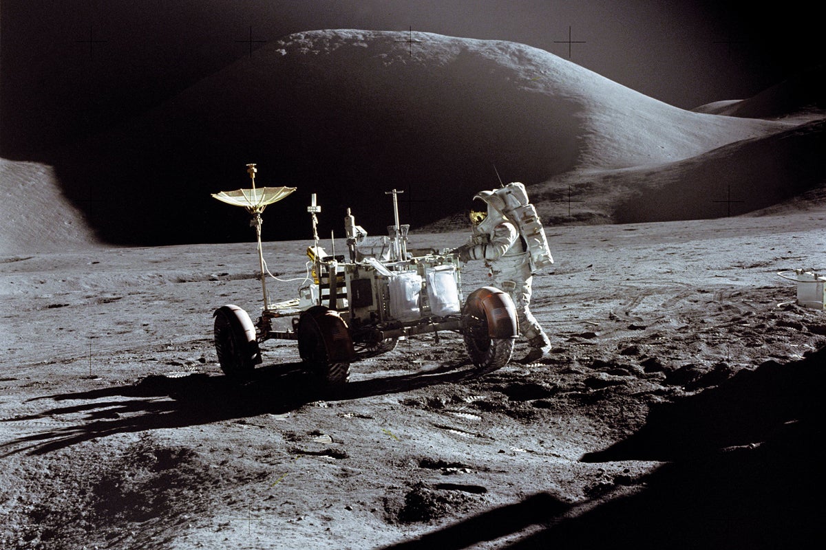 Irwin works at the LRV on the surface of the moon