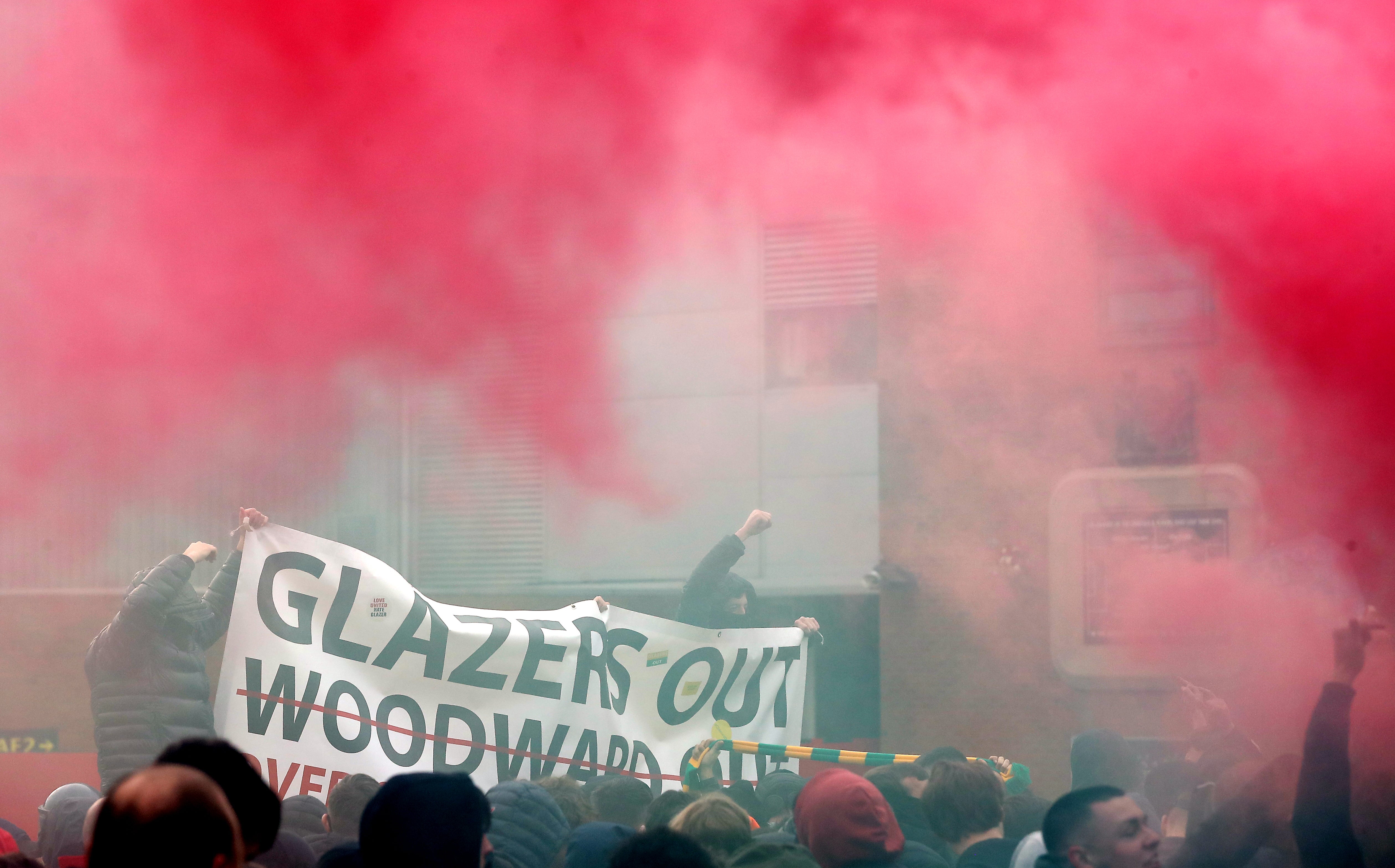 Anti-Glazer protests by United fans in May led to the Premier League match against Liverpool being postponed (Martin Rickett/PA)