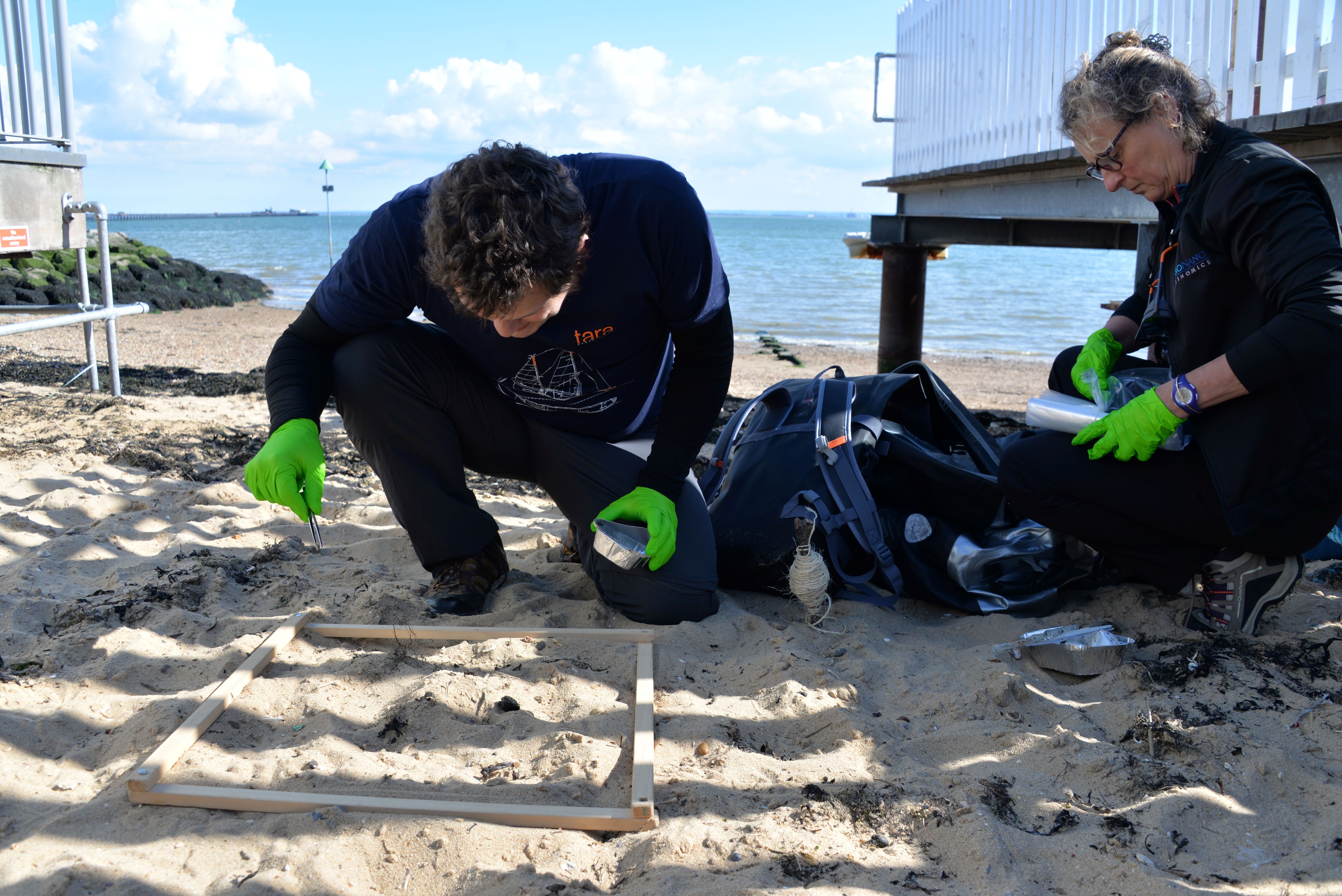 Researchers look for plastics in the sand on Southend-on-Sea beach – the team has started a research mission on microplastics in 10 of the largest rivers in Europe