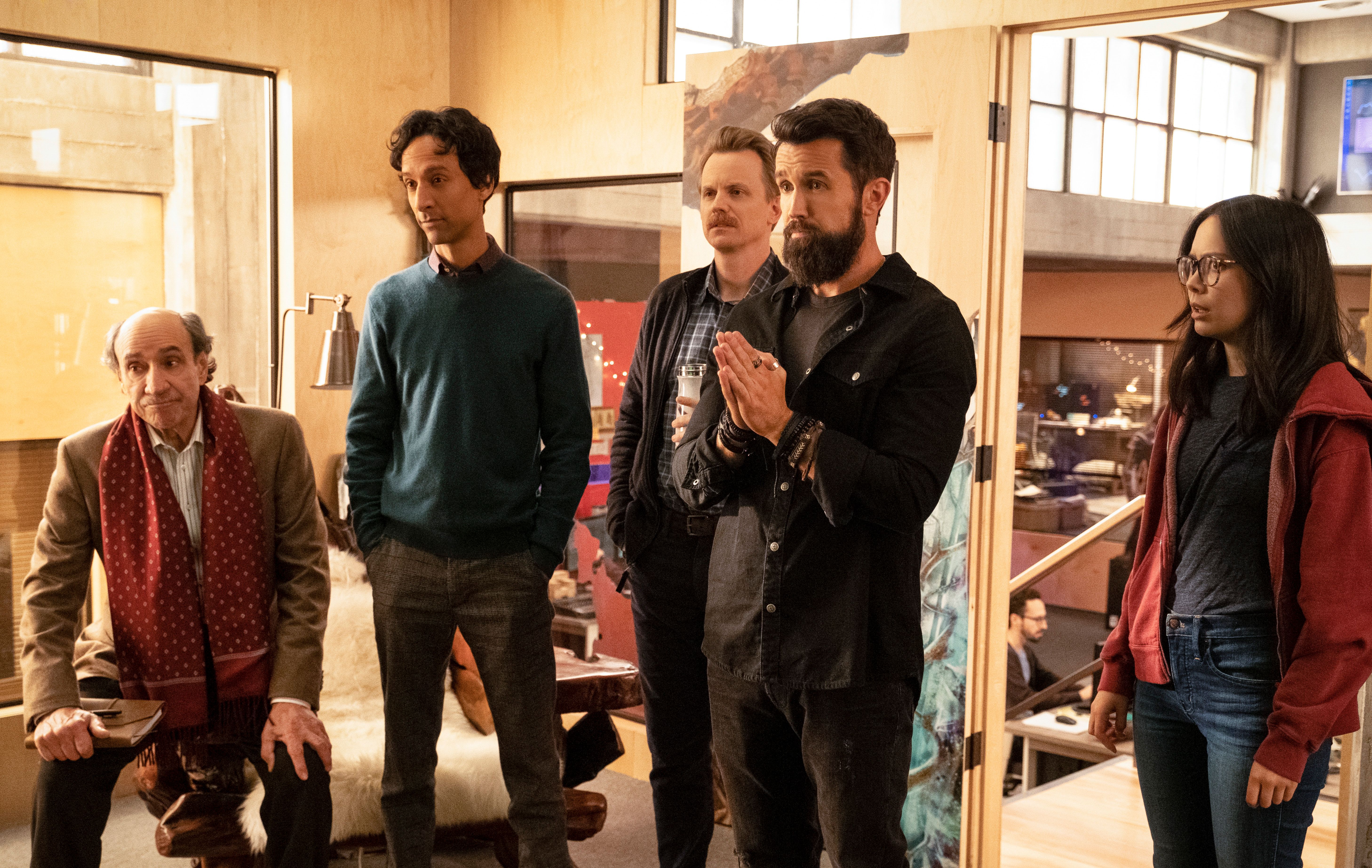 Danny Pudi with F Murray Abraham, David Hornsby, Rob McElhenney, and Charlotte Nicdao in ‘Mythic Quest'