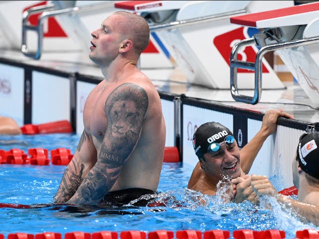 <p>Adam Peaty reacts after the final of the men’s 100m breaststroke swimming event</p>