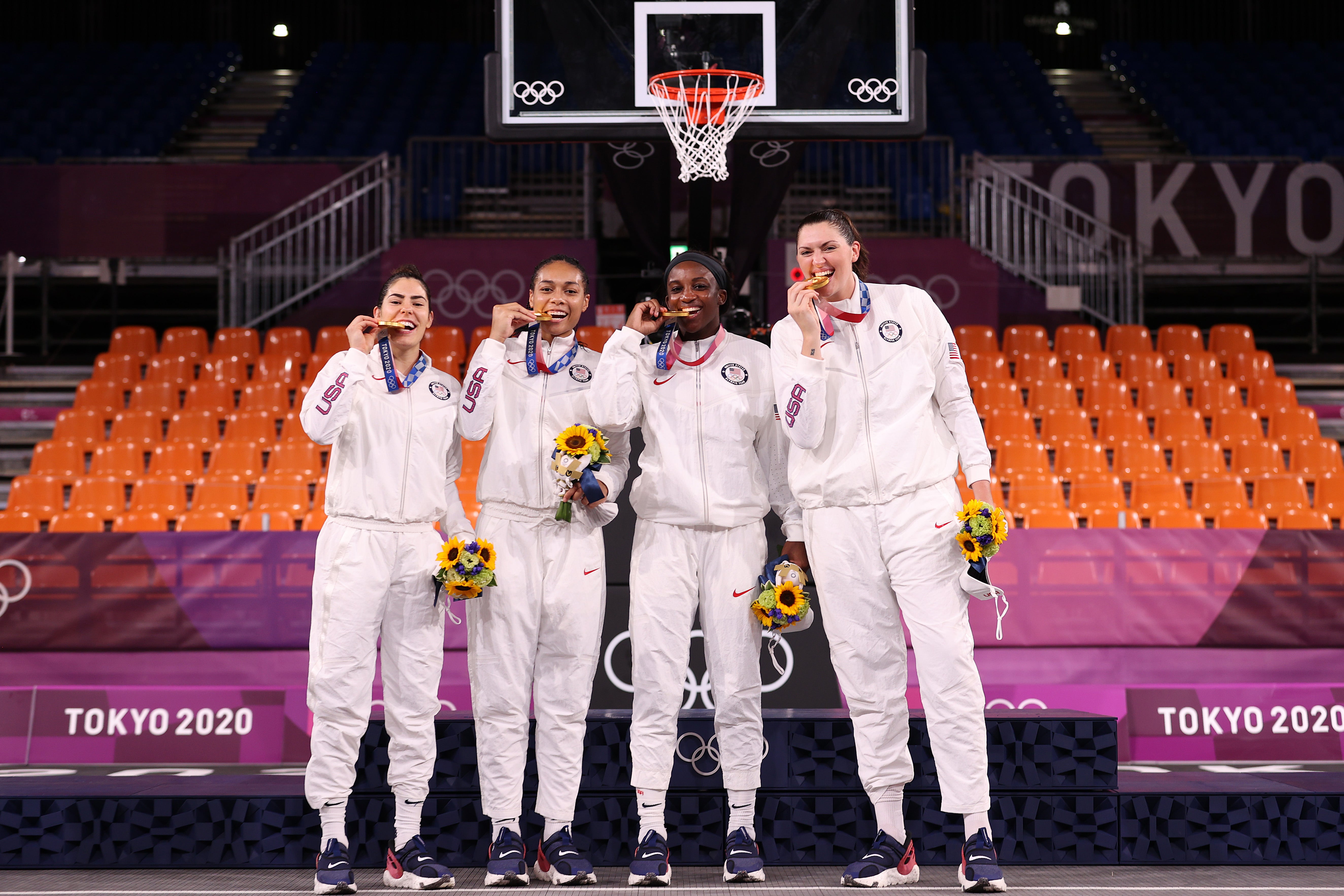 Team USA celebrate victory in the women’s 3x3 final