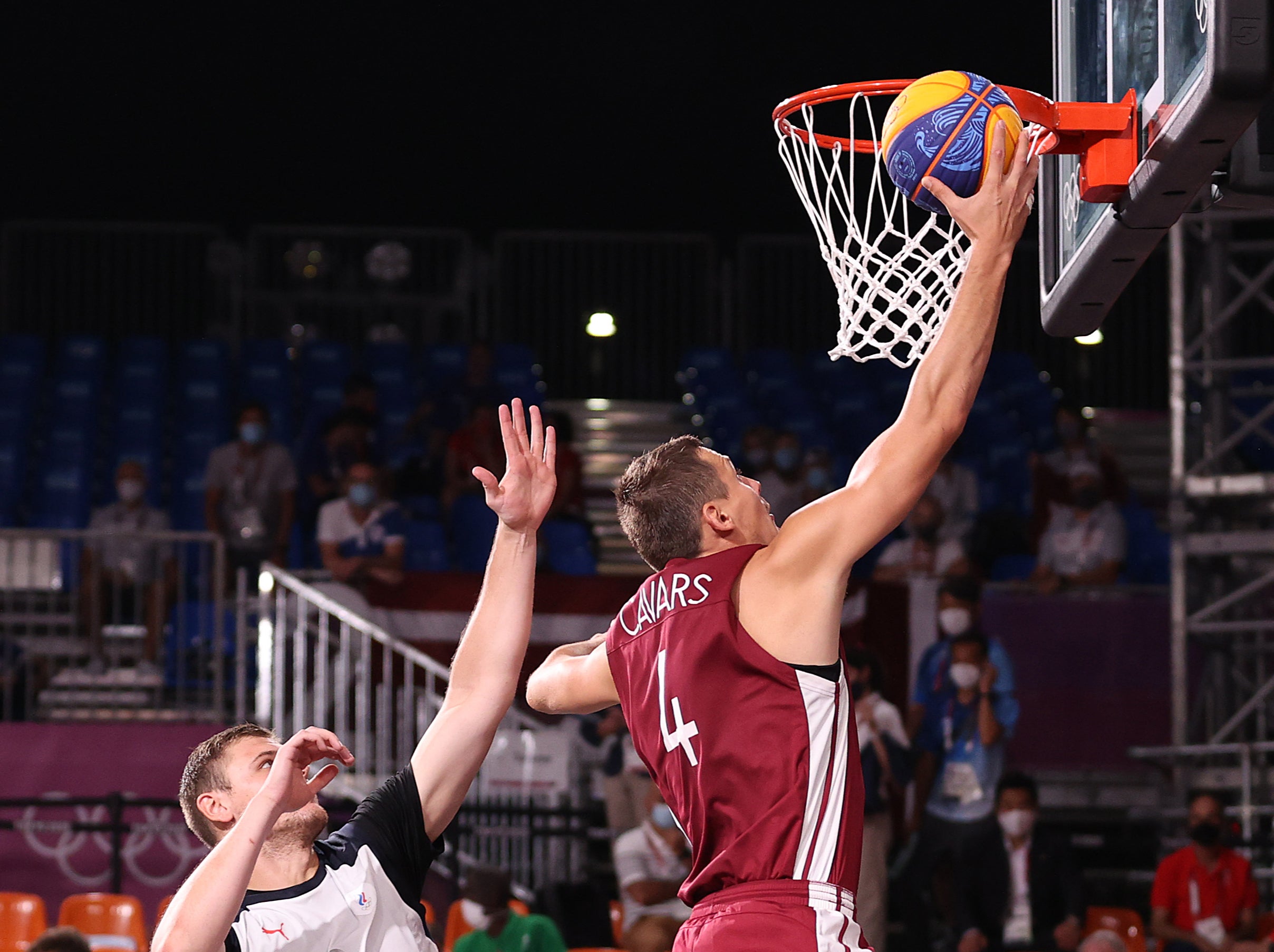 Agnis Cavars looks to score for Latvia in the men’s 3x3 final