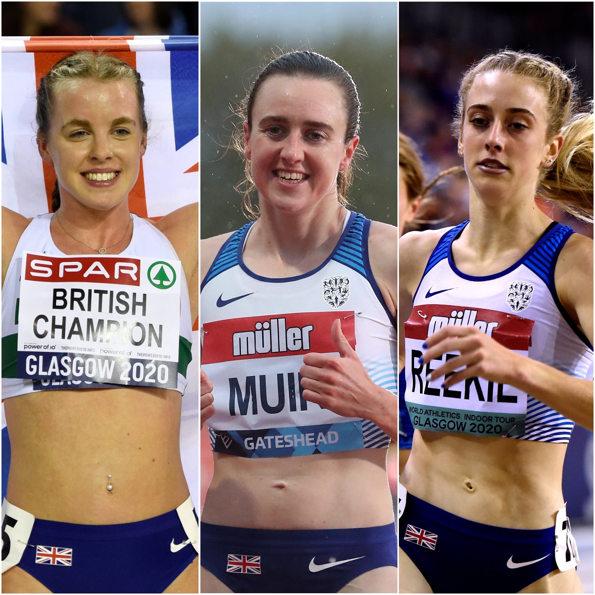 Laura Muir, centre, will run the 1500m, leaving the 800m to Keely Hodgkinson, left, and Jemma Reekie (Ian Rutherford/Martin Rickett/PA)