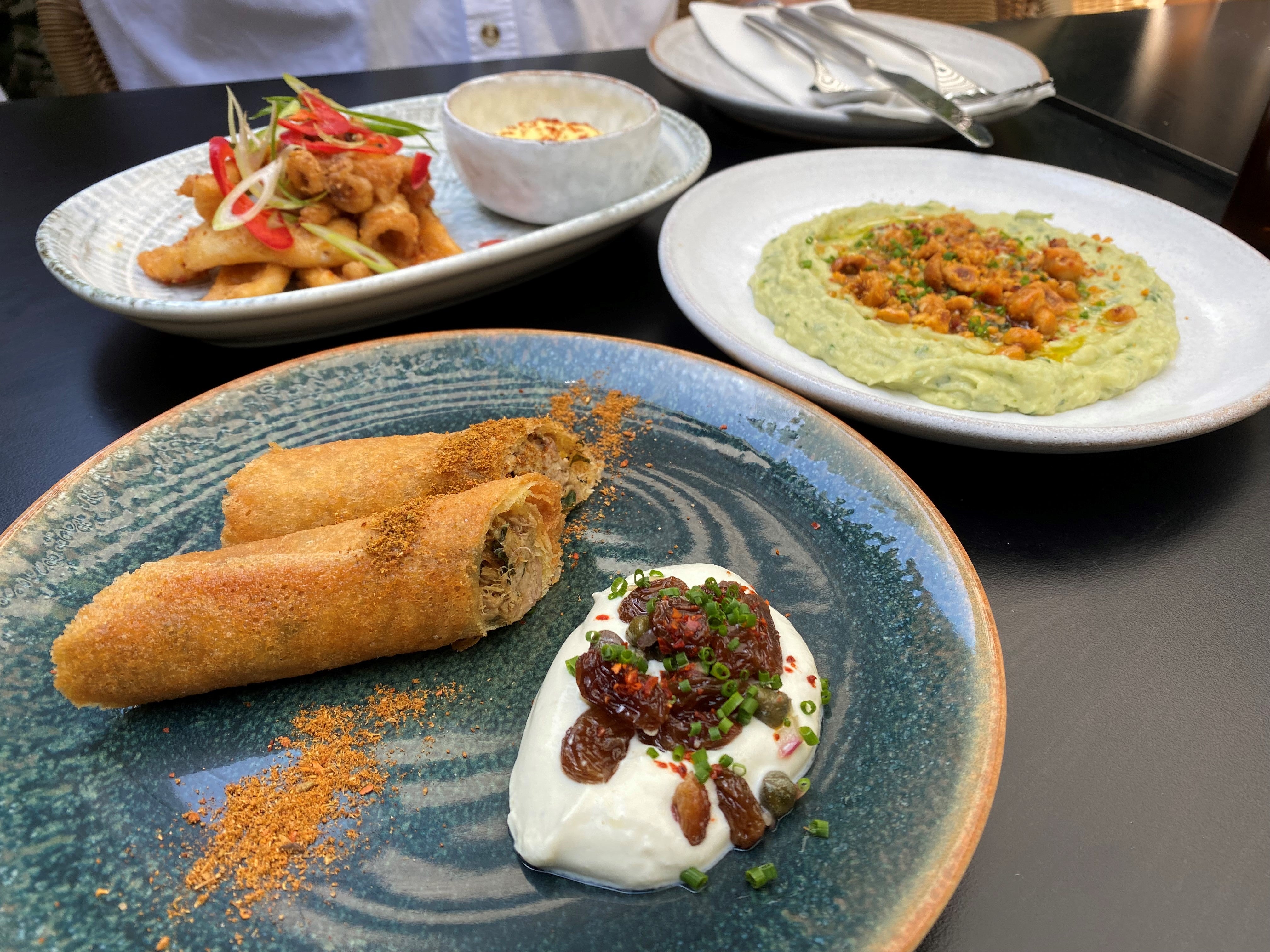 Clockwise from bottom left: smoked lamb shoulder cigars; calamari fritti; and hummus