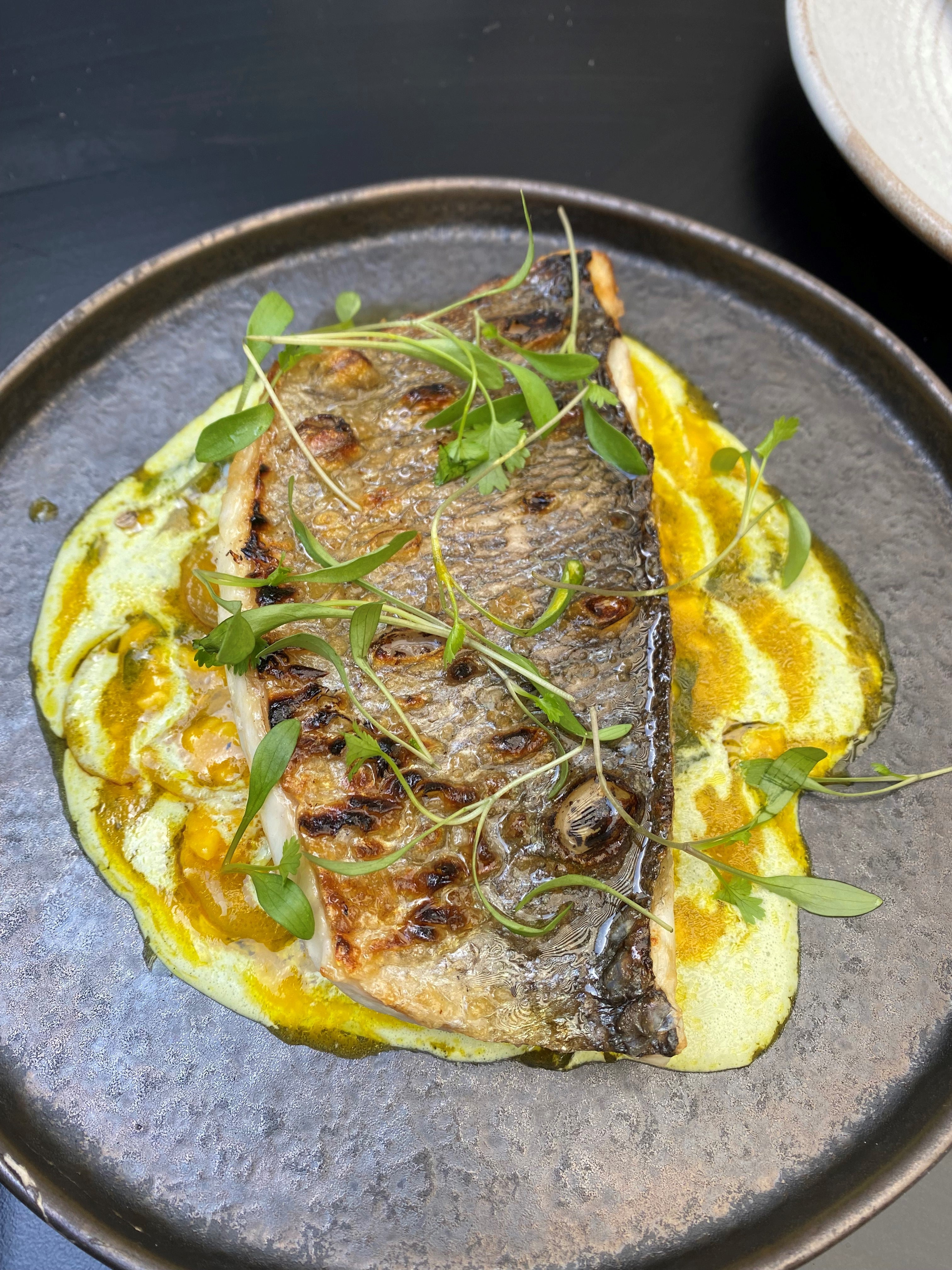 The knockout plate: crispy sea bream, basil yoghurt and mango dressing