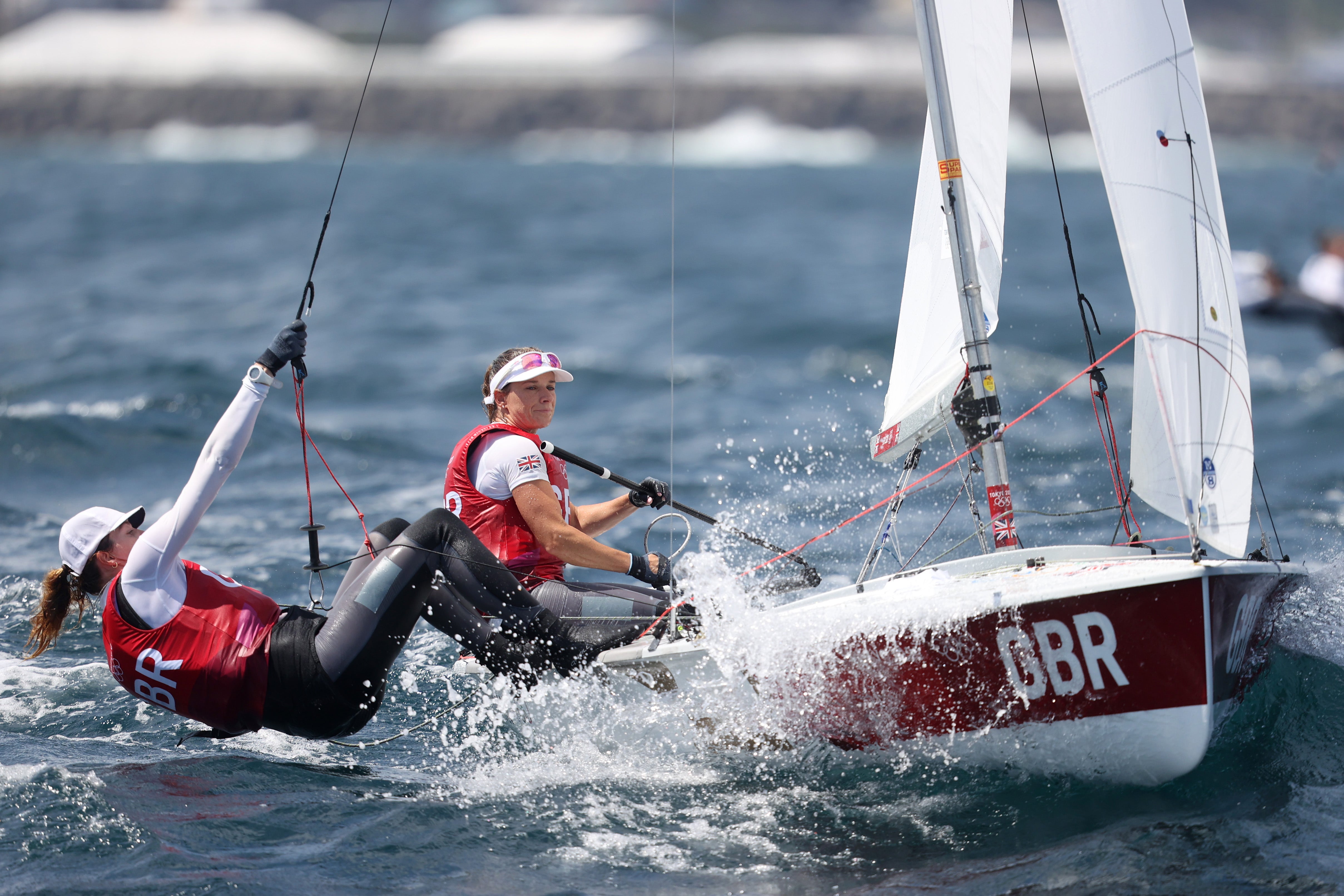 Hannah Mills and Eilidh McIntyre of Team Great Britain compete in the Women's 470 class