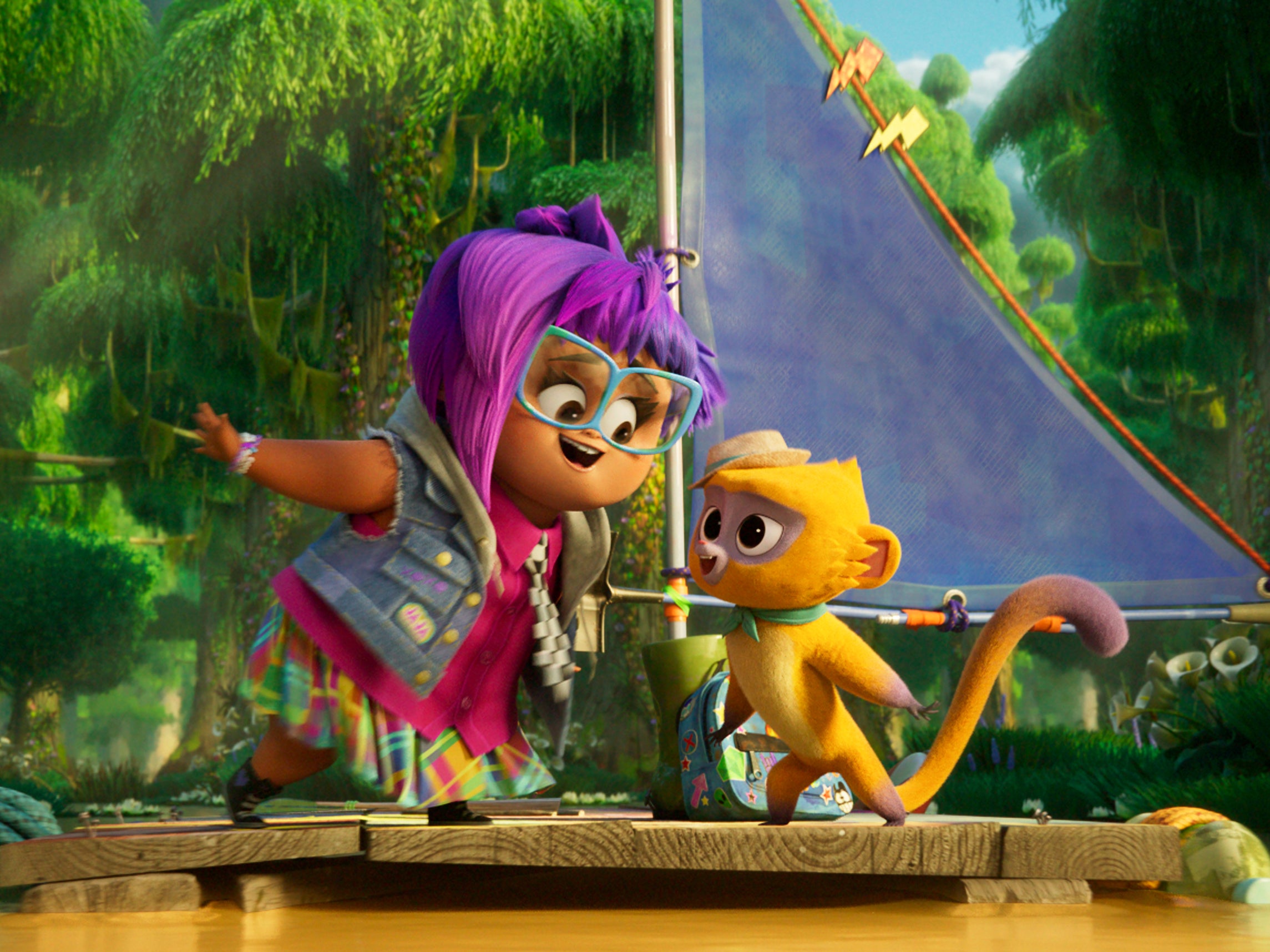 Vivo (Lin-Manuel Miranda), a kinkajou tasked with delivering a ballad from Cuba to Miami, teams up with a young, purple-haired girl (Ynairaly Simo)