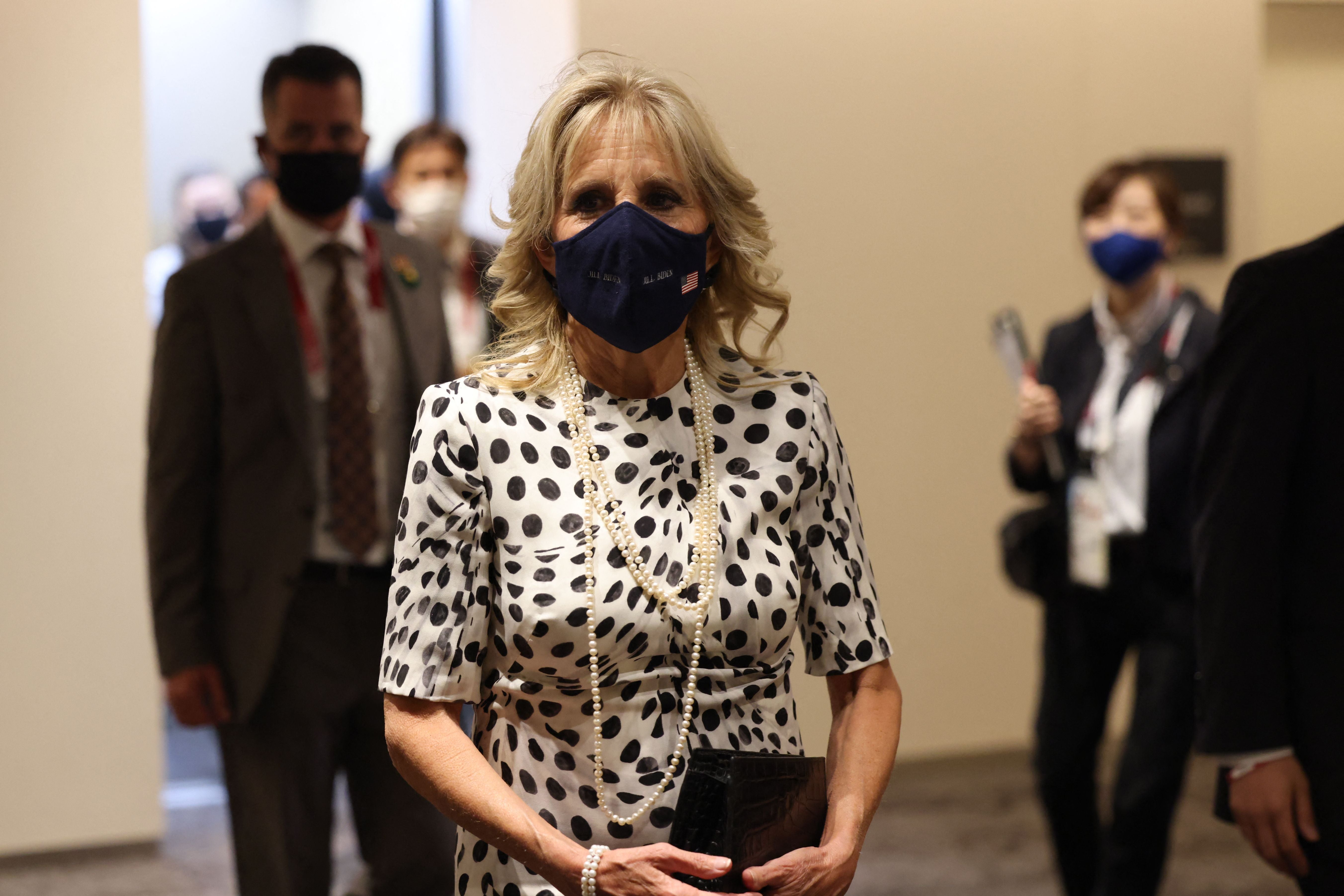 Jill Biden wears her polka-dot Brandon Maxwell dress to the opening ceremony of the Tokyo 2020 Olympic Games