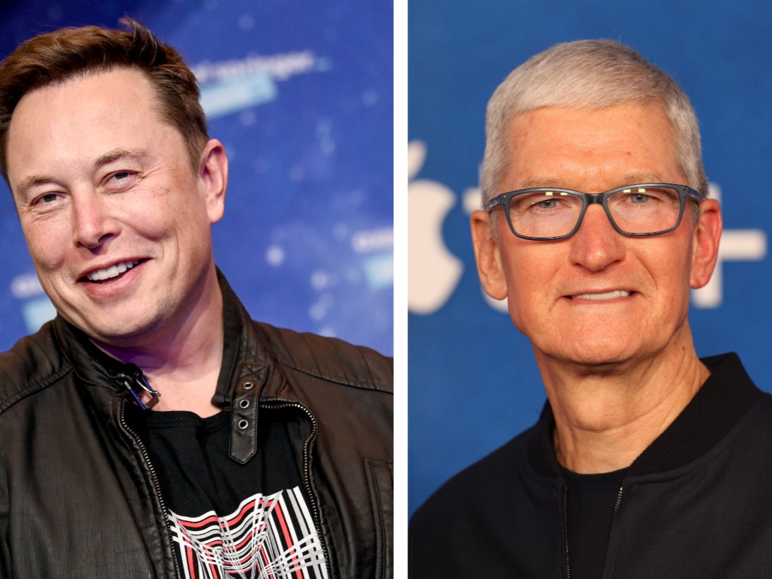 SpaceX owner and Tesla CEO Elon Musk poses on the red carpet of the Axel Springer Award 2020 on 1 December, 2020 in Berlin, Germany (L). Apple CEO Tim Cook attends Apple’s “Ted Lasso” season two premiere at Pacific Design Center on 15 July, 2021 in West Hollywood, California.