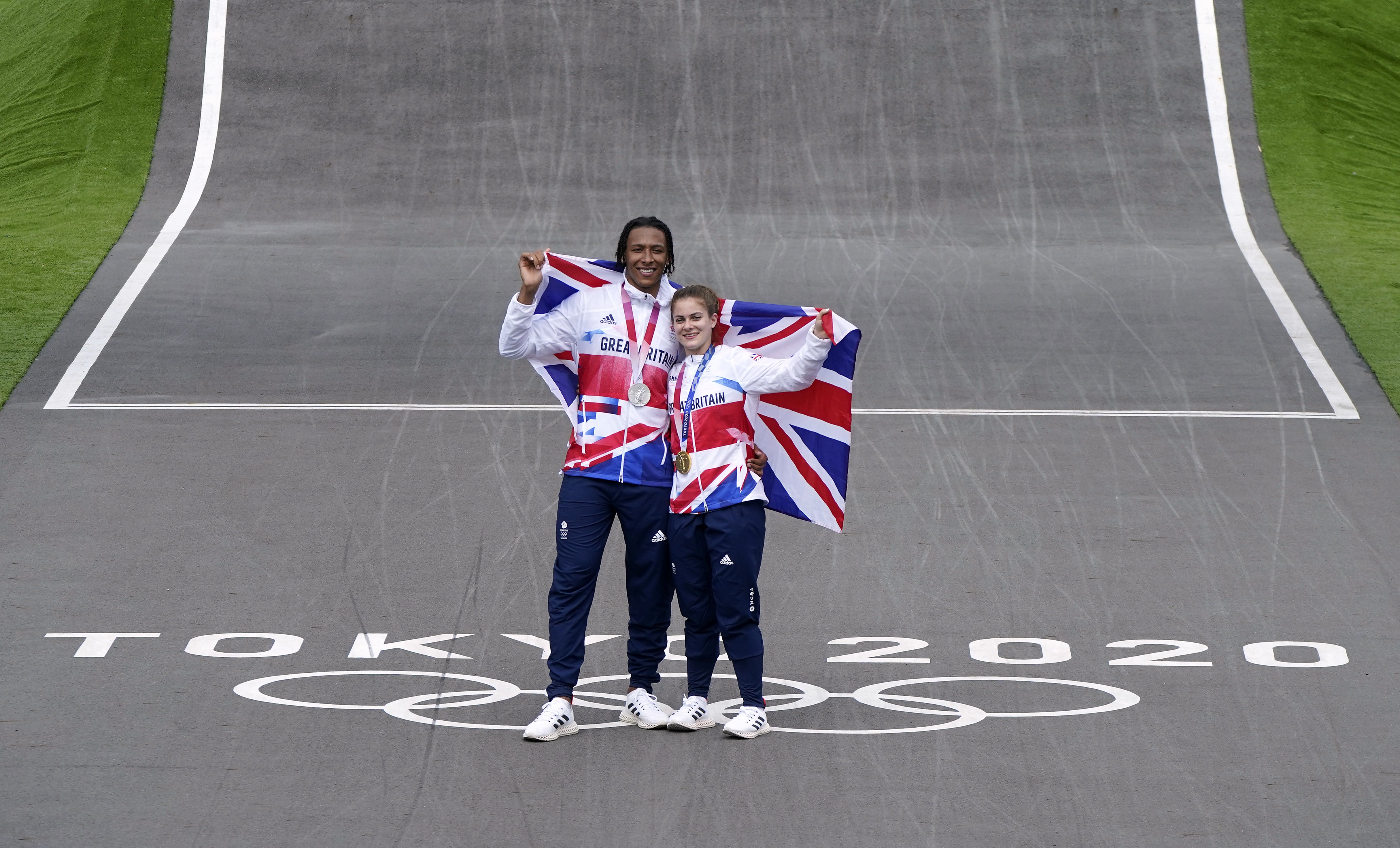 Beth Shriever and Kye Whyte celebrate on the track (Danny Lawson/PA)