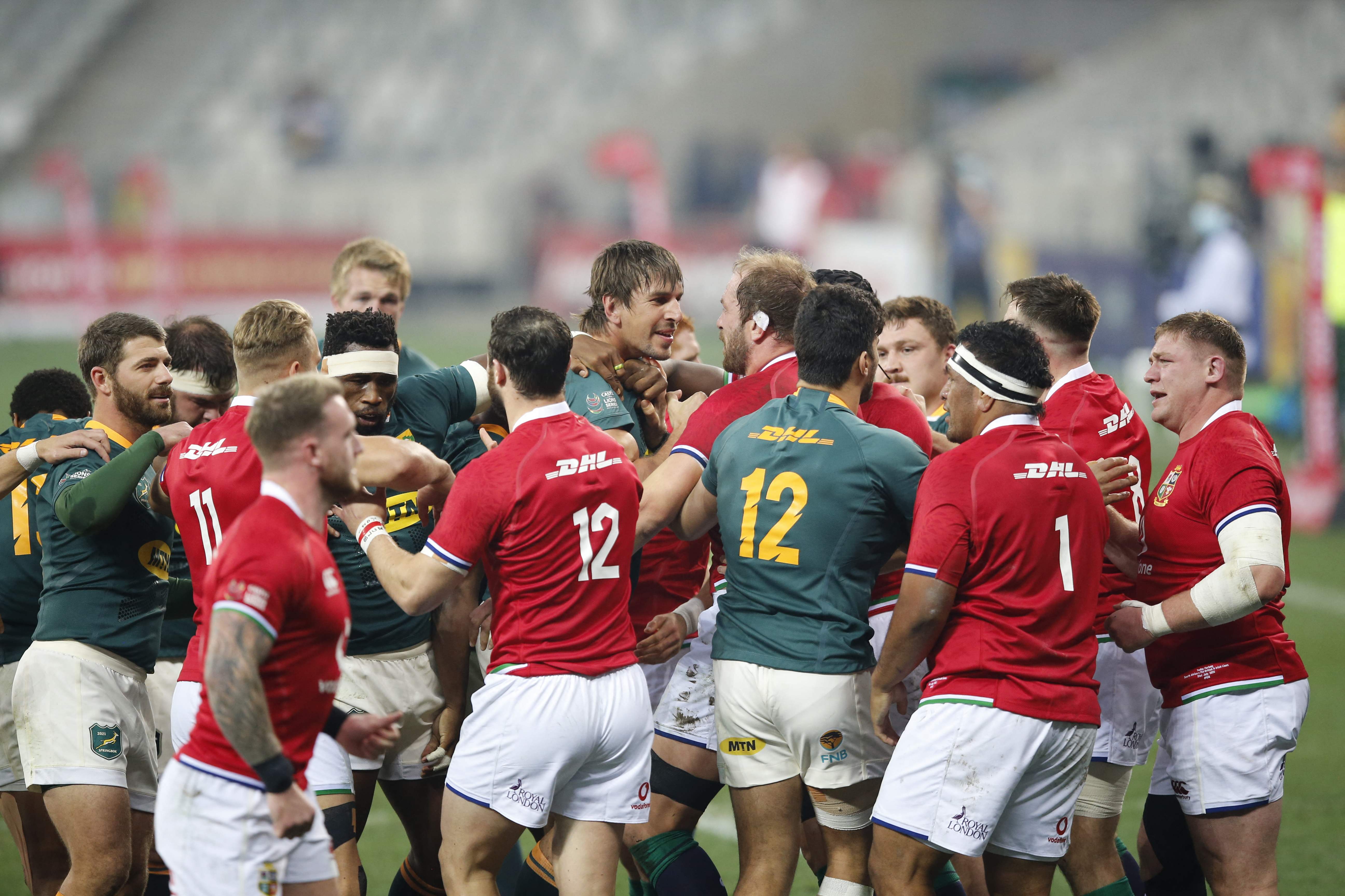 South Africa's lock Eben Etzebeth scuffle with British and Irish Lions' prop Alun Wyn Jones