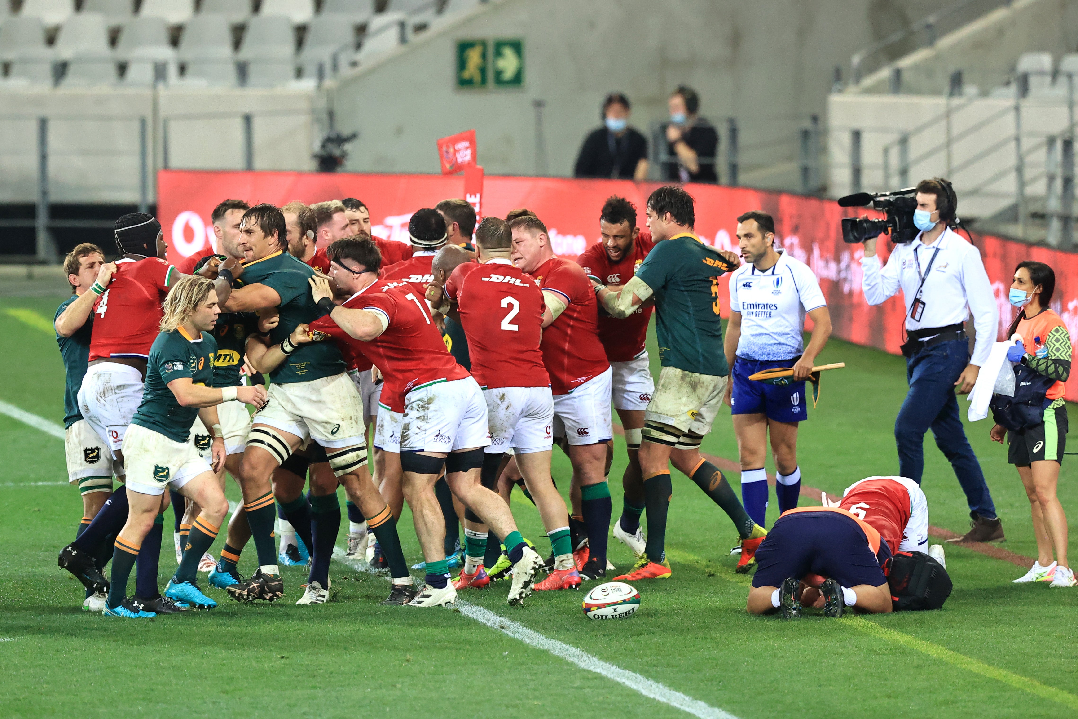 Players clash following a tackle from Cheslin Kolbe of South Africa