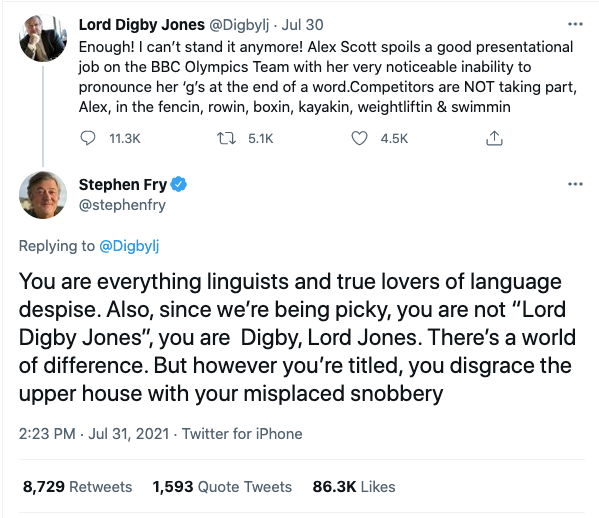 Stephen Fry criticised Lord Digby Jones for saying Alex Scott’s accent ‘spoils’ Olympics coverage