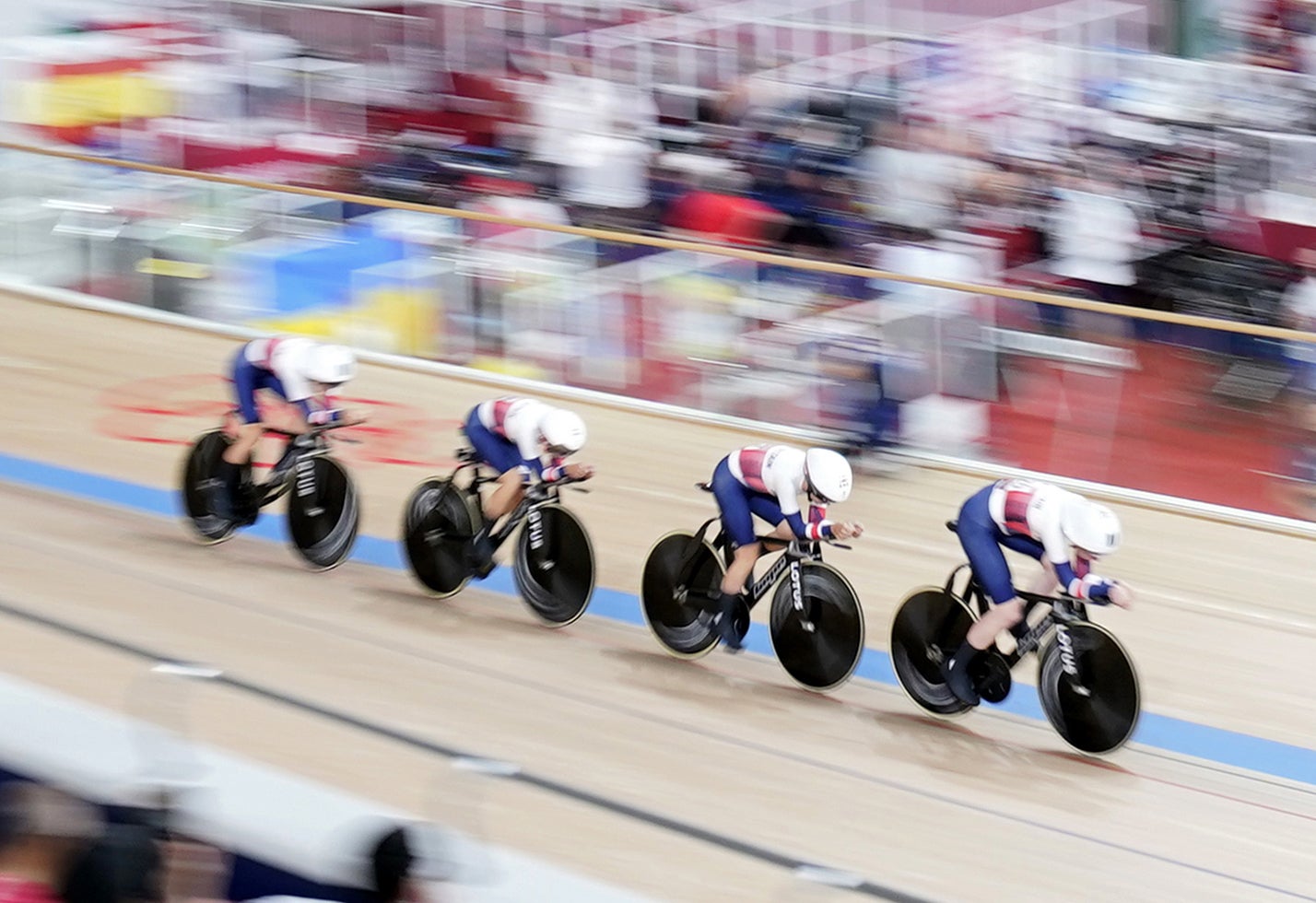 Katie Archibald, Laura Kenny, Elinor Barker, Josie Knight of Great Britain in the Women’s Team Pursuit Qualifying (Danny Lawson/PA)