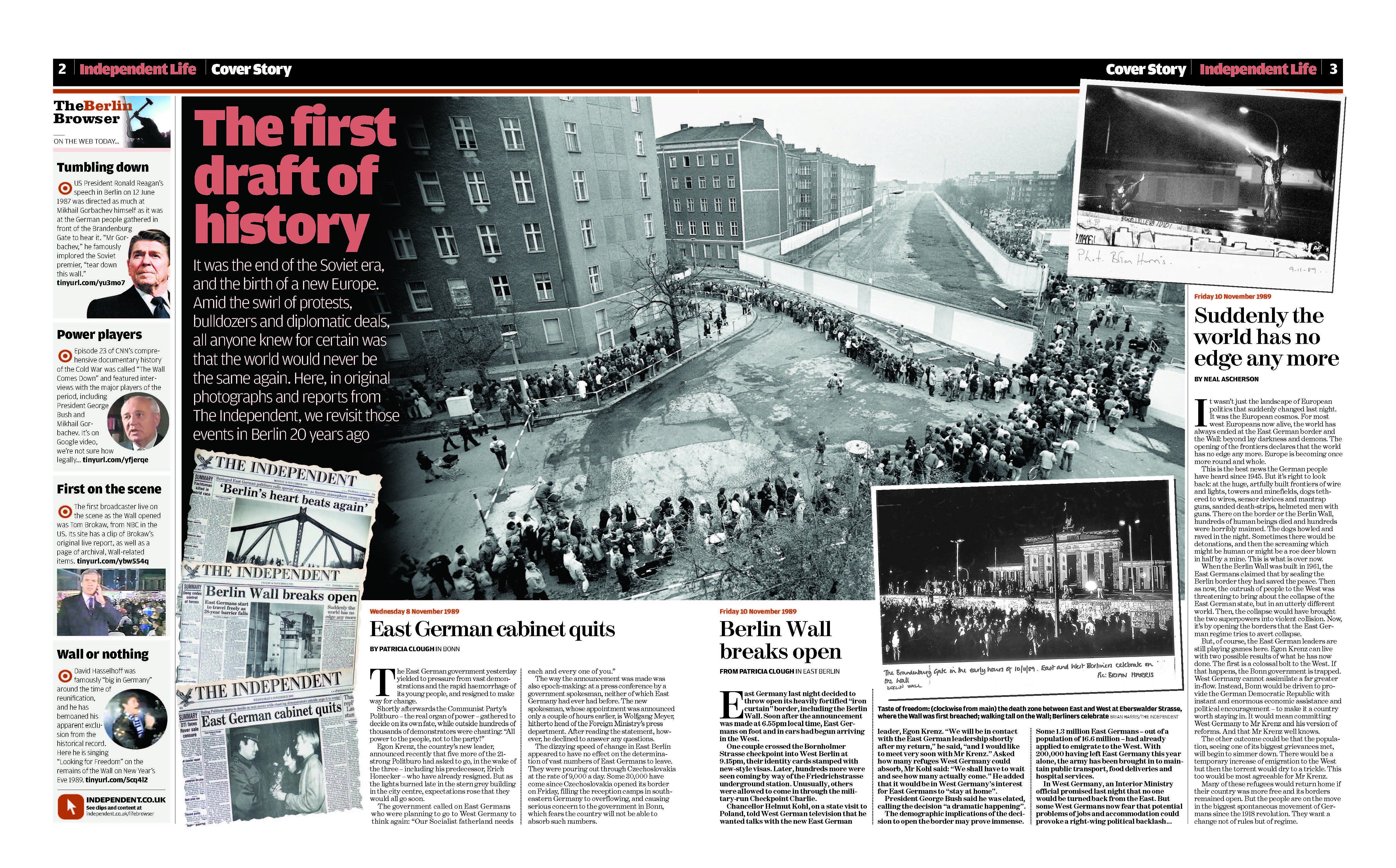 9 November 2009 – 20 years after the fall of the Berlin wall: the cover story featured in Independent Life, revisiting key events covered and captured by original reports and images from The Independent