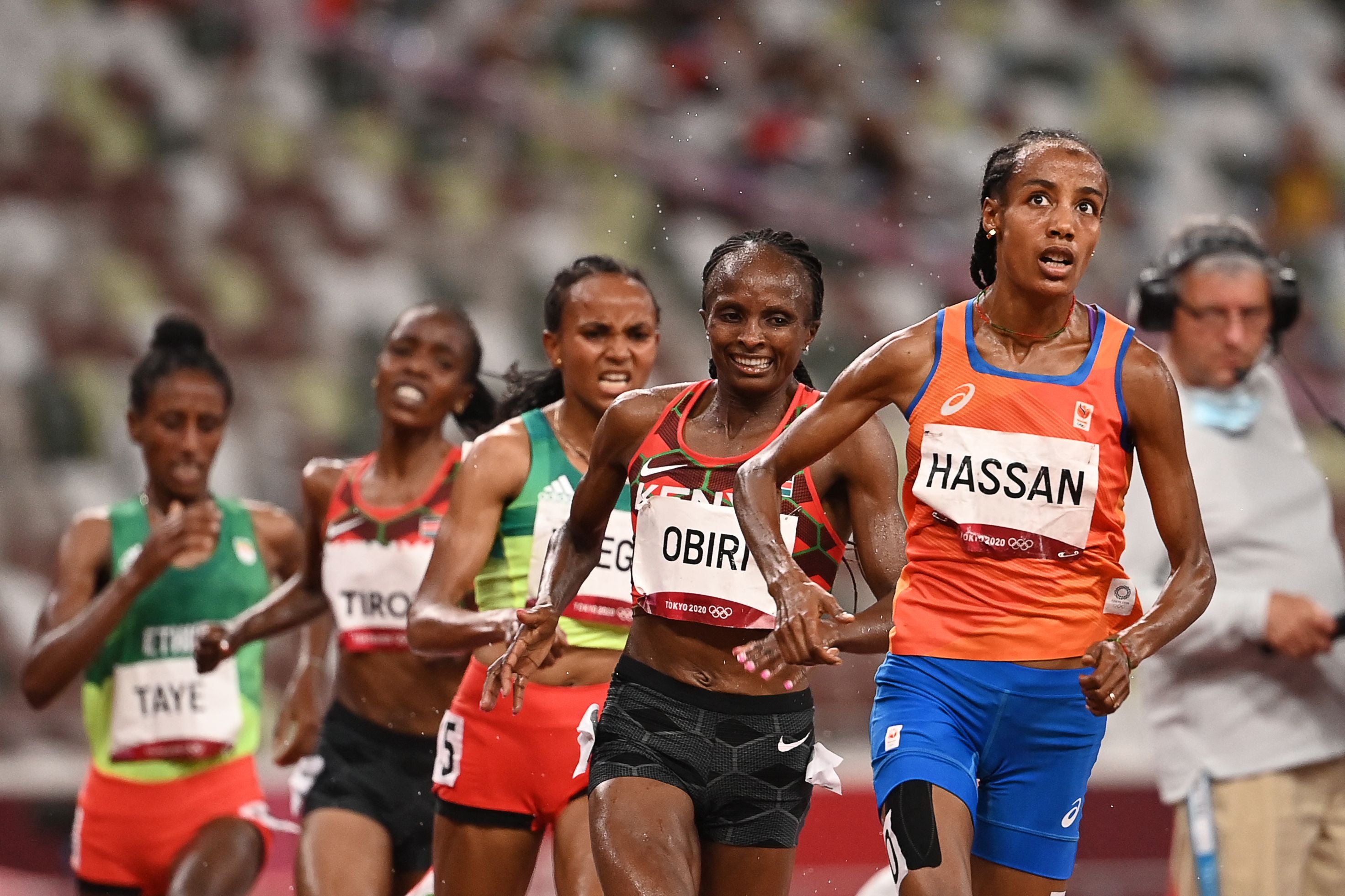 Hassan leading in the 5,000m final