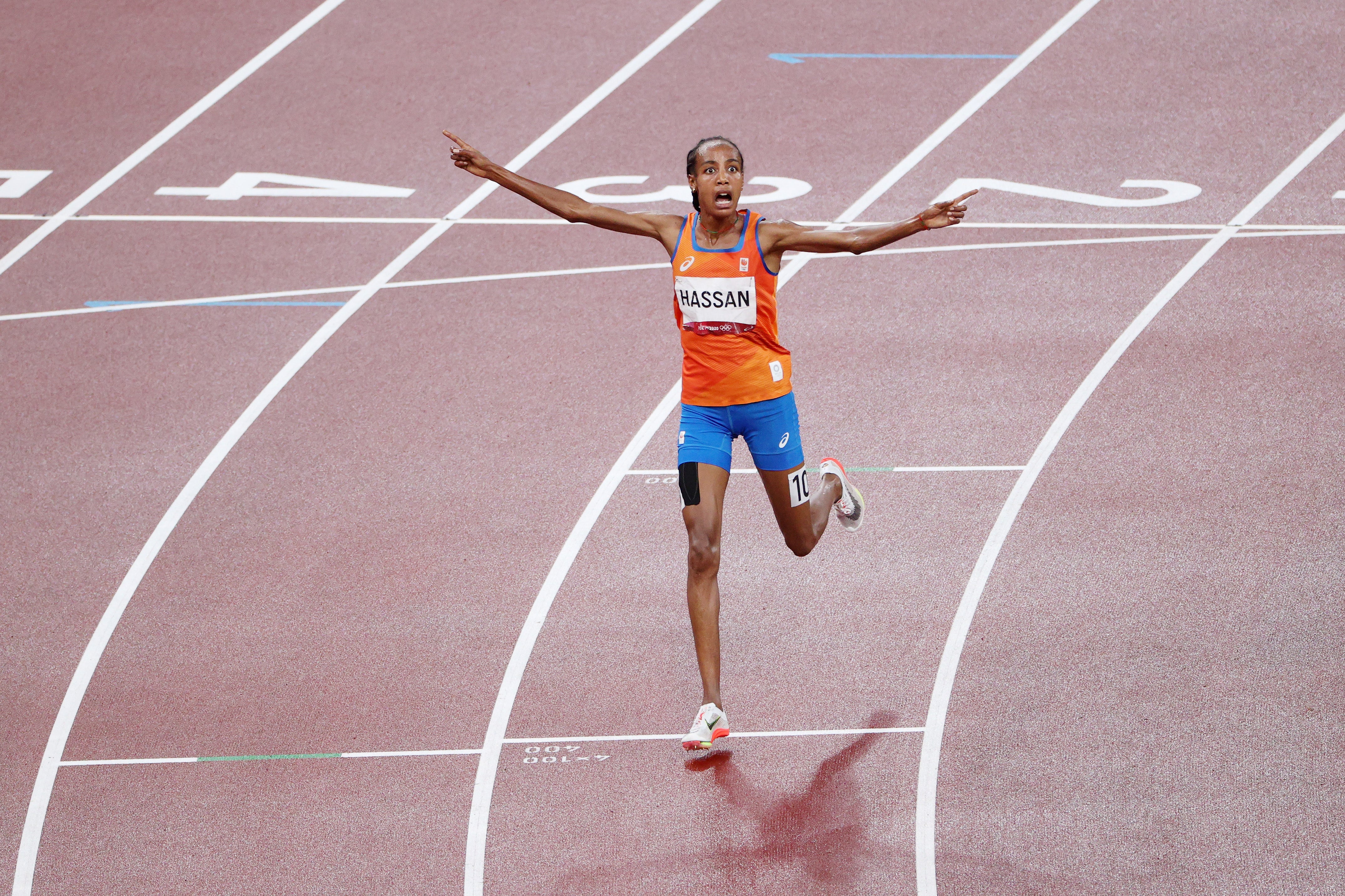 First of three? Hassan crosses the finishing line to take gold