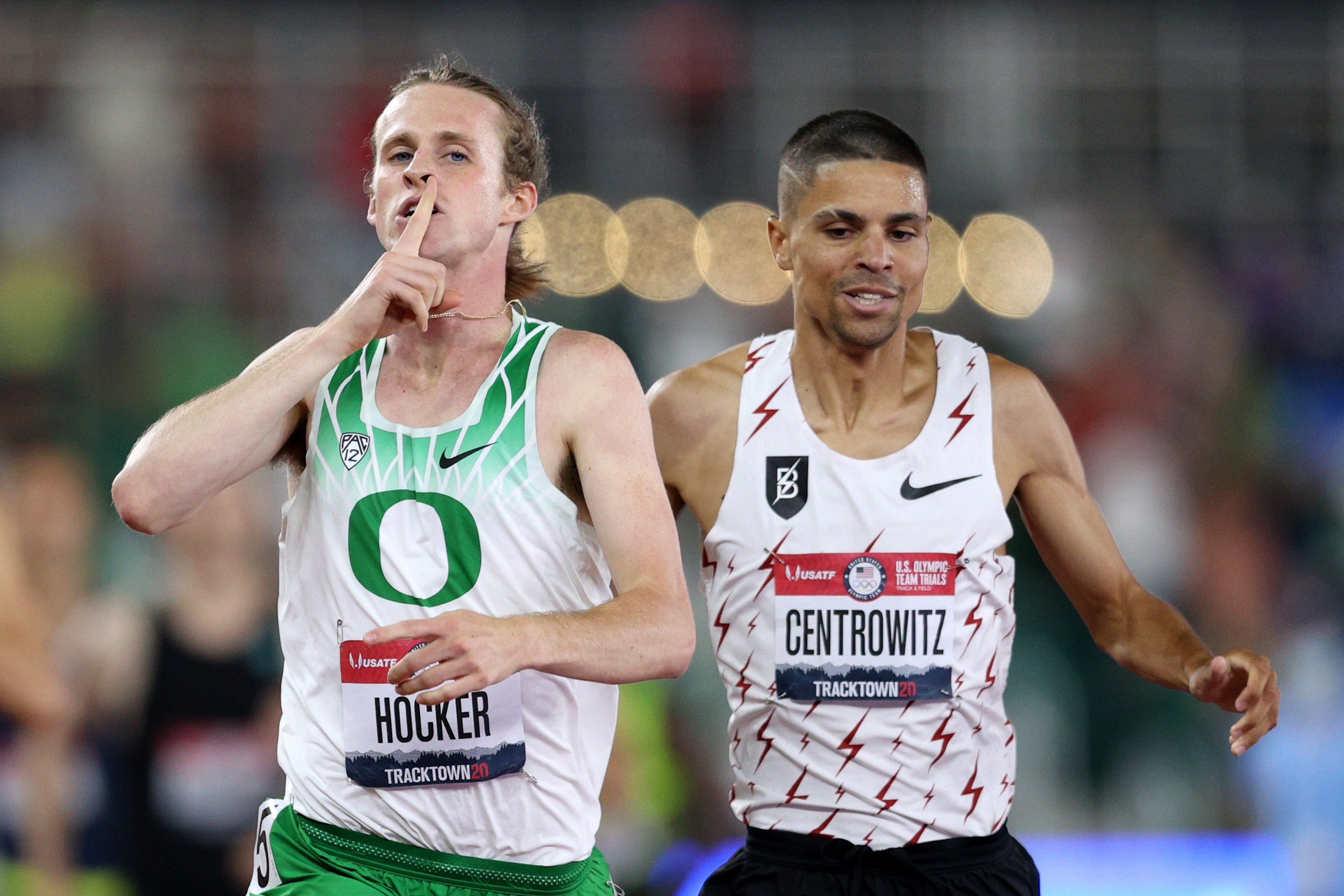 Cole Hocker and Matthew Centrowitz react after competing in the Men’s 1,500m at the U.S. Olympic Track & Field Team Trials