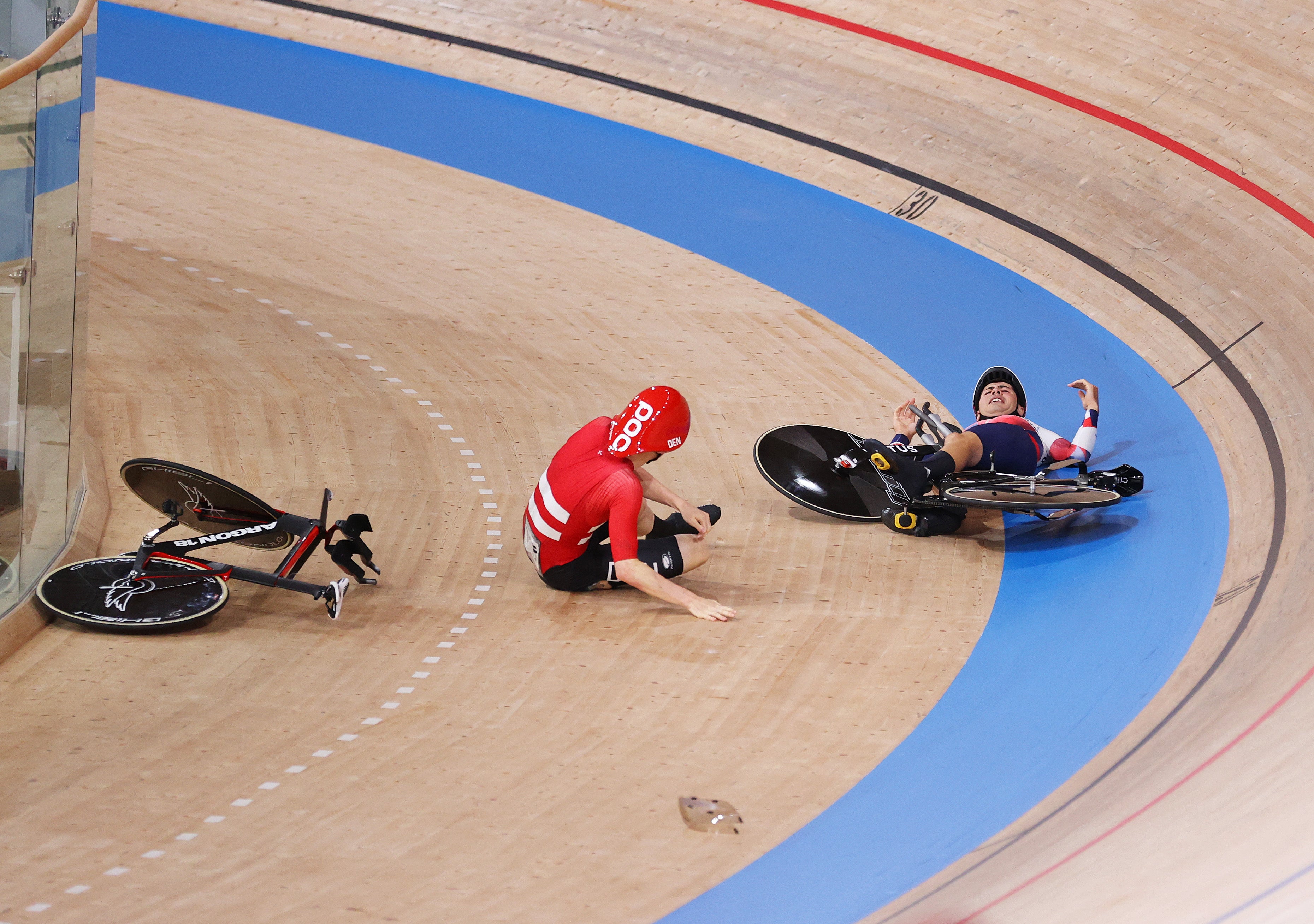 Frederik Madsen shouts at Charlie Tanfield after crashing into him