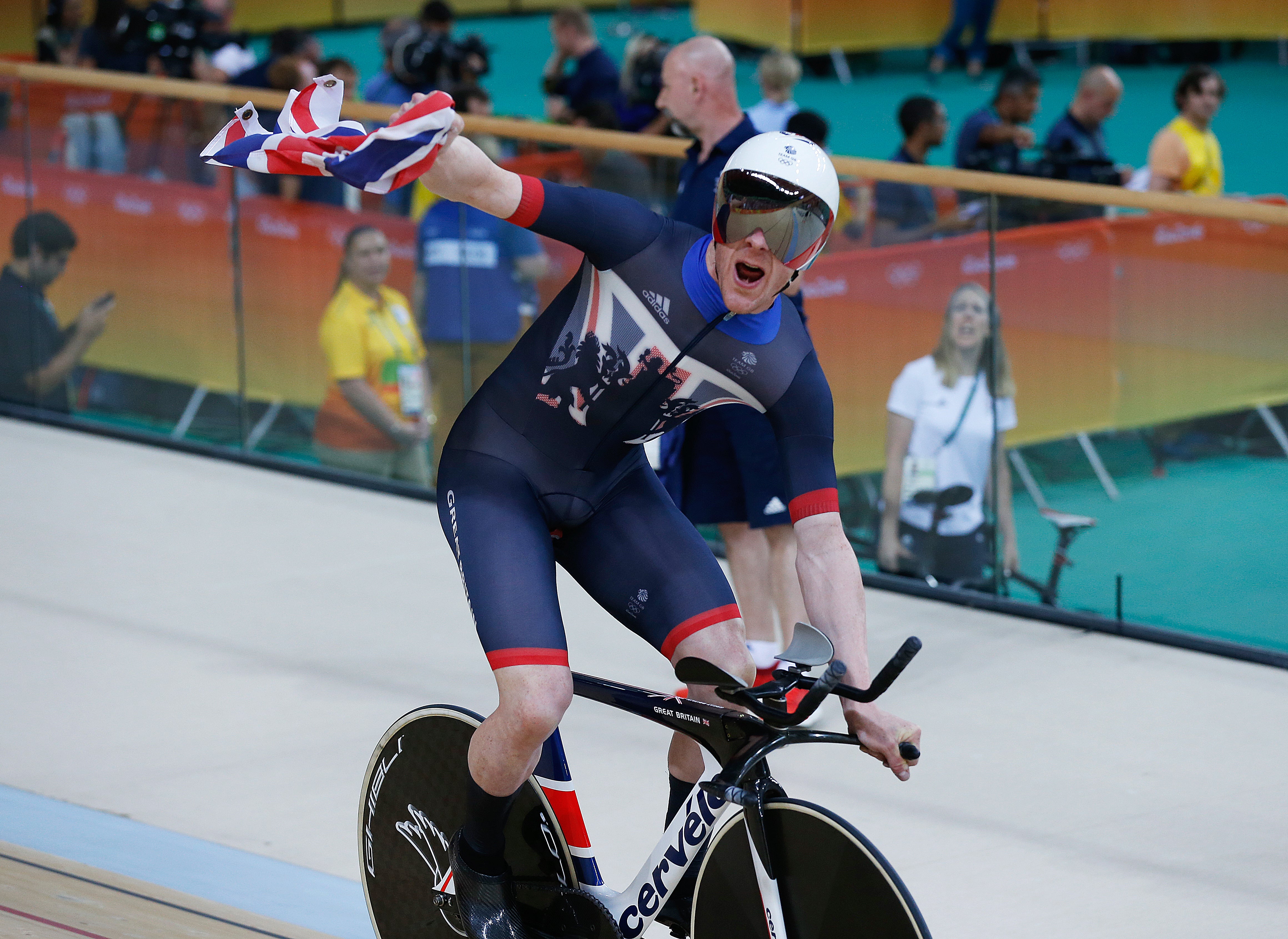 Ed Clancy celebrates winning gold (Owen Humphreys/PA)