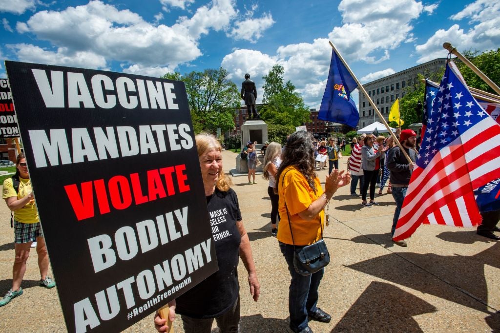 Protesters at an anti-mask and anti-vaccine rally in New Hampshire, 15 May