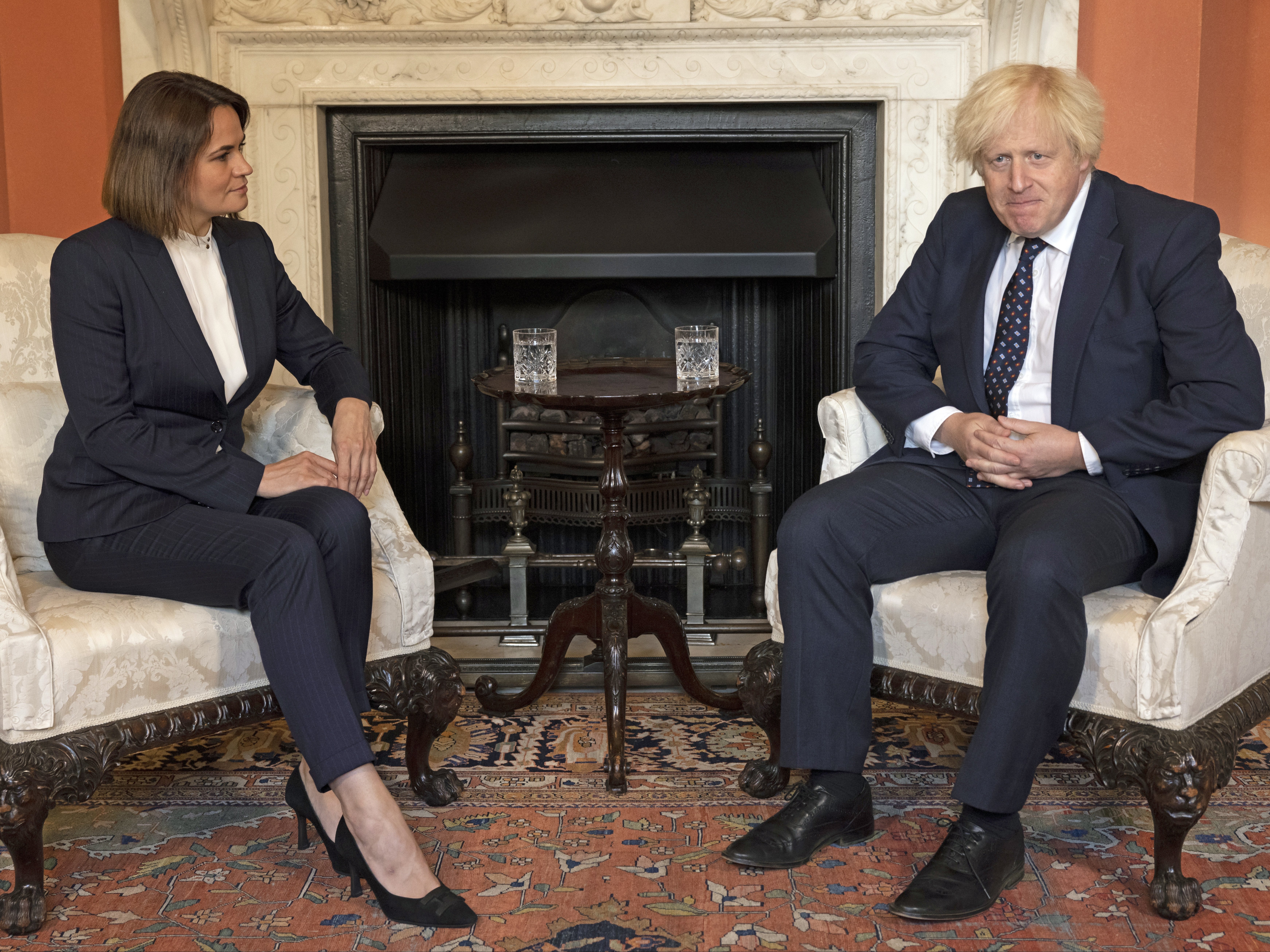 Belarusian opposition leader Sviatlana Tsikhanouskaya meets Boris Johnson at No 10