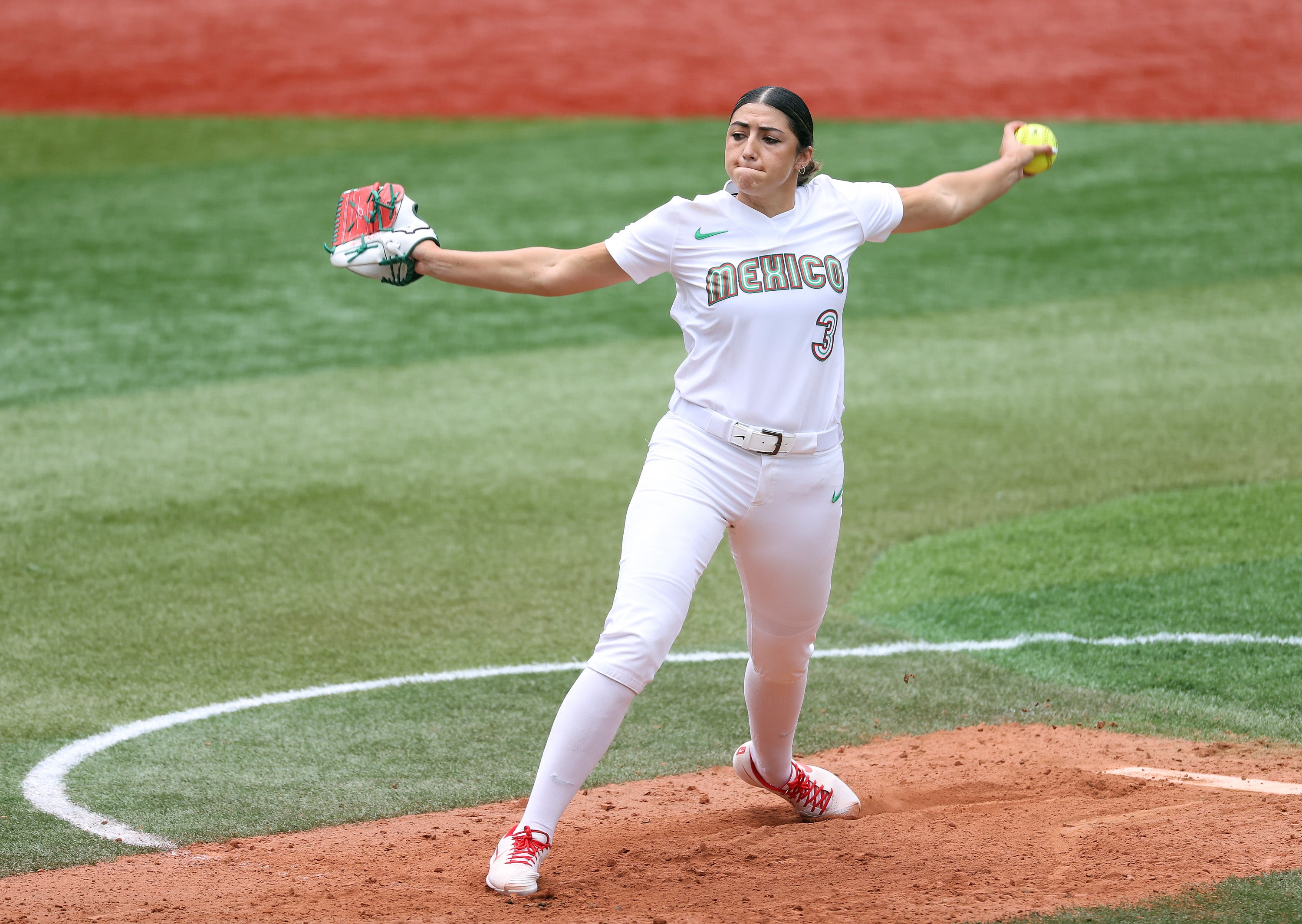 Pitcher Danielle O’Toole #3 of Team Mexico pitches in the second inning during the women’s bronze medal softball game between Team Mexico and Team Canada on day four of the Tokyo 2020 Olympic Games