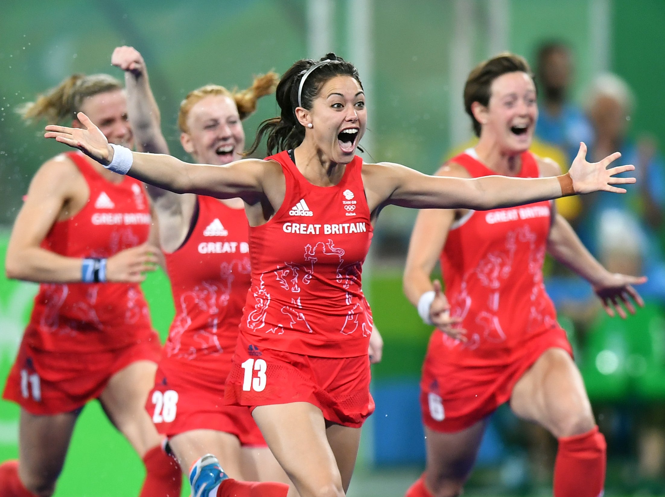 Sam Quek celebrates winning gold at the Rio Olympics