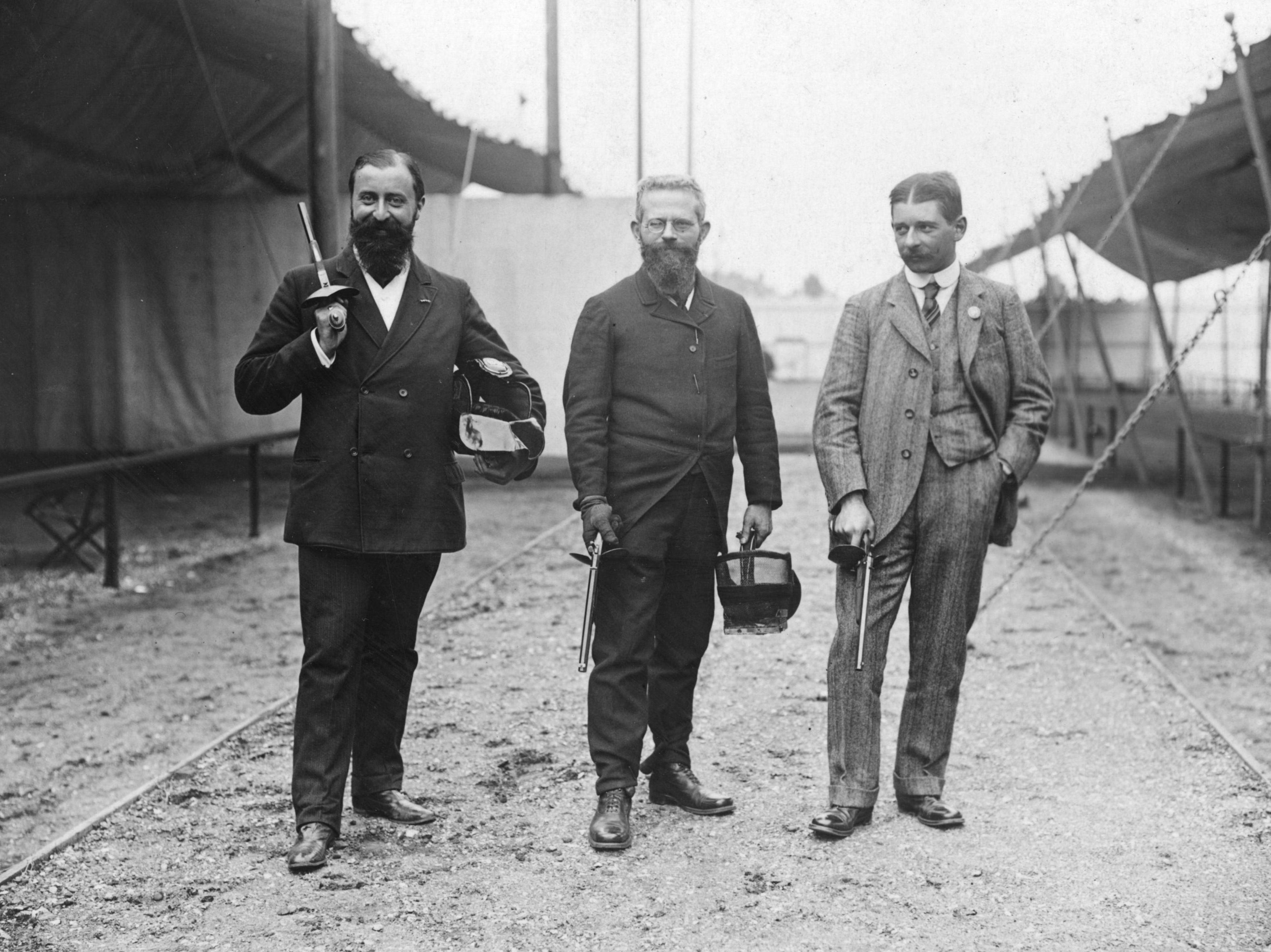 The winning French pistol duelling team at the 1908 Olympic Games held in London: Major Ferrus, J Marais and J Rouvcanachi