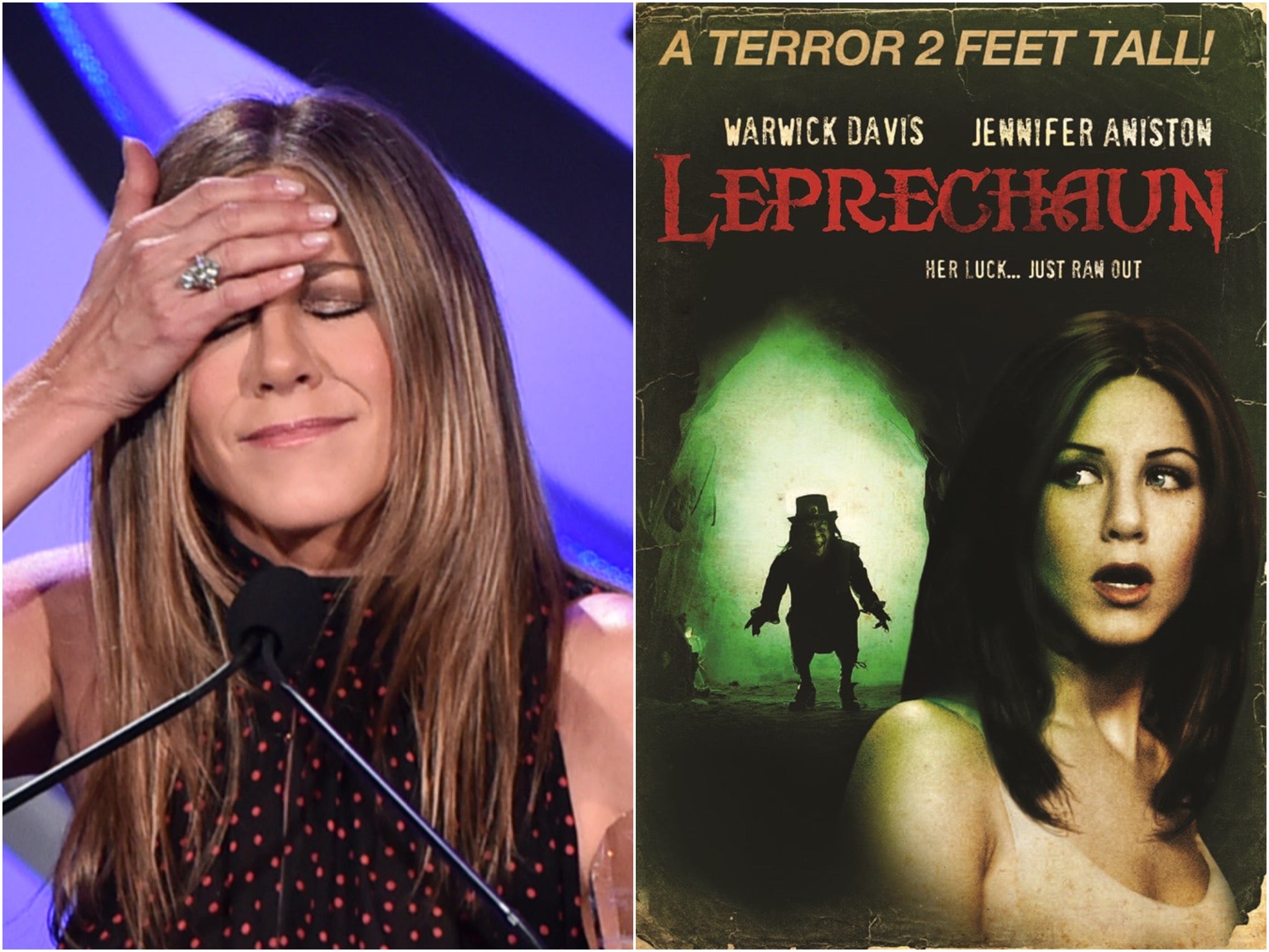 Jennifer Aniston in 2020, and in the DVD artwork for her 1993 film ‘Leprechaun'