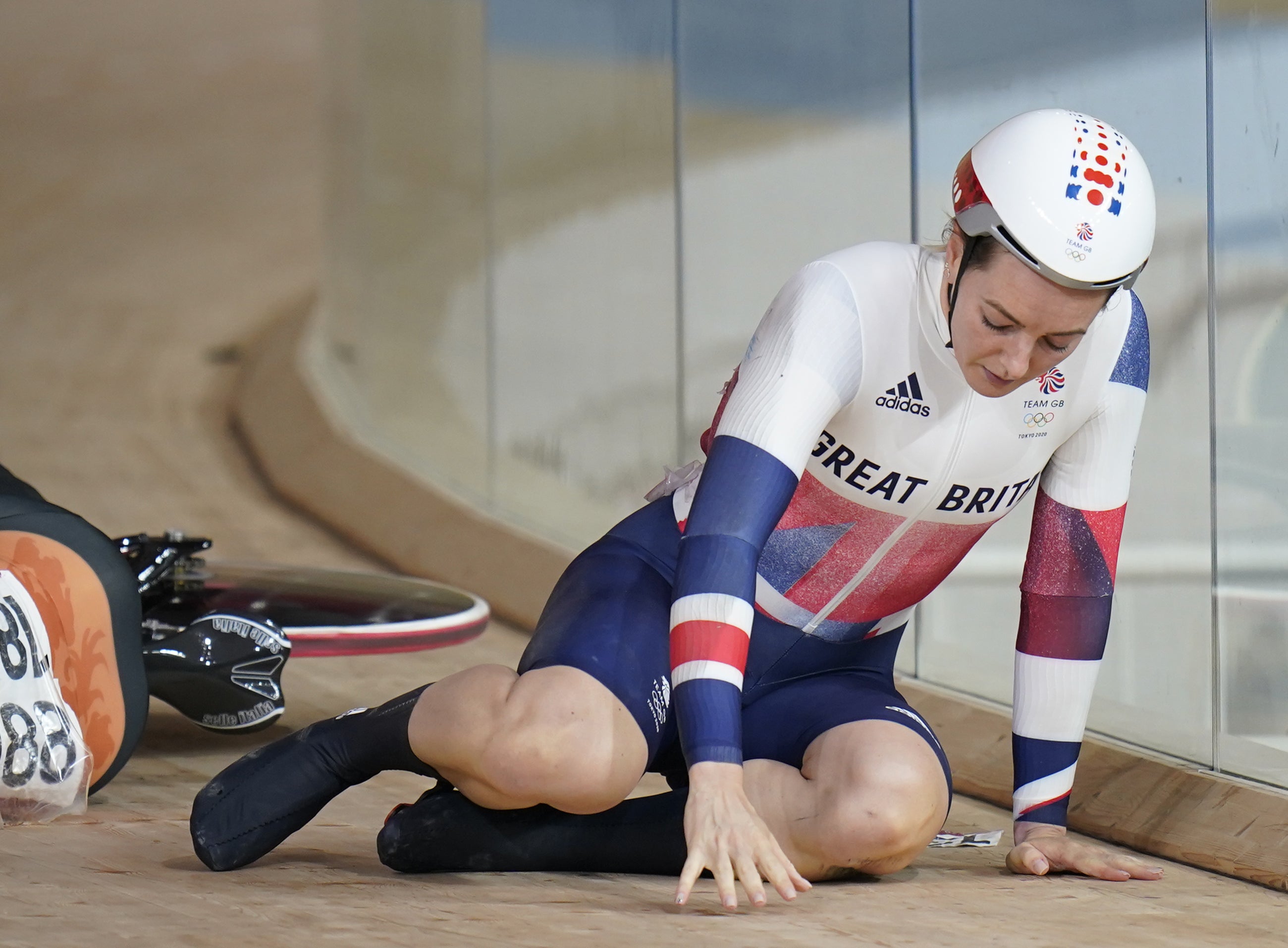 Great Britain’s Katy Marchant pictured after she was taken out of the race by Holland’s Laurine van Riessen during the women’s keirin quarter-finals.